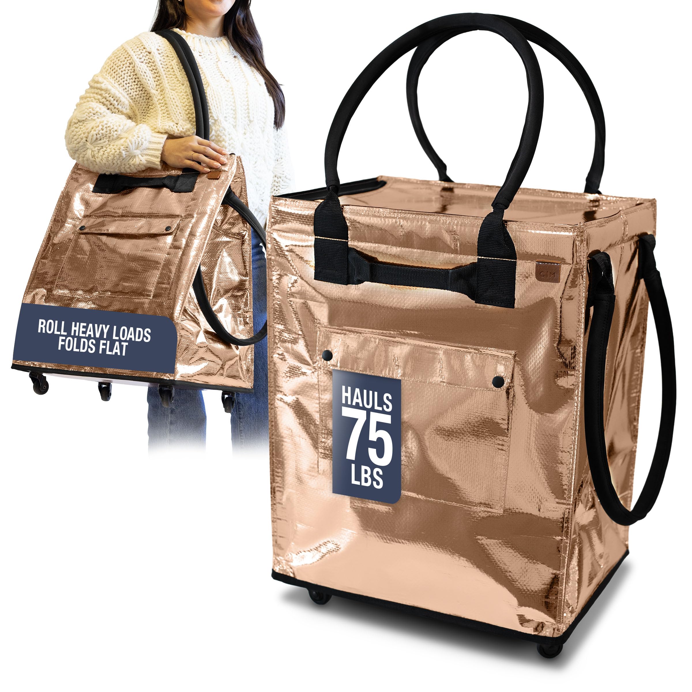 CleverMade Rolling Tote Bag With Wheels, 90L, 75 lb, Rose Gold