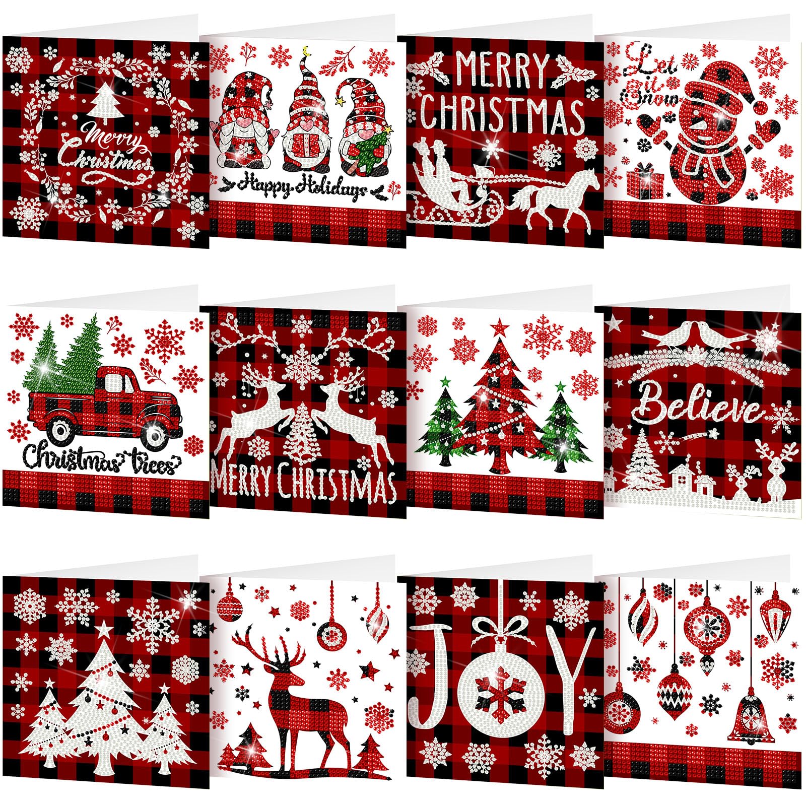 Saillong 12 Pack Plaid Christmas Diamond Greeting Cards with Envelopes