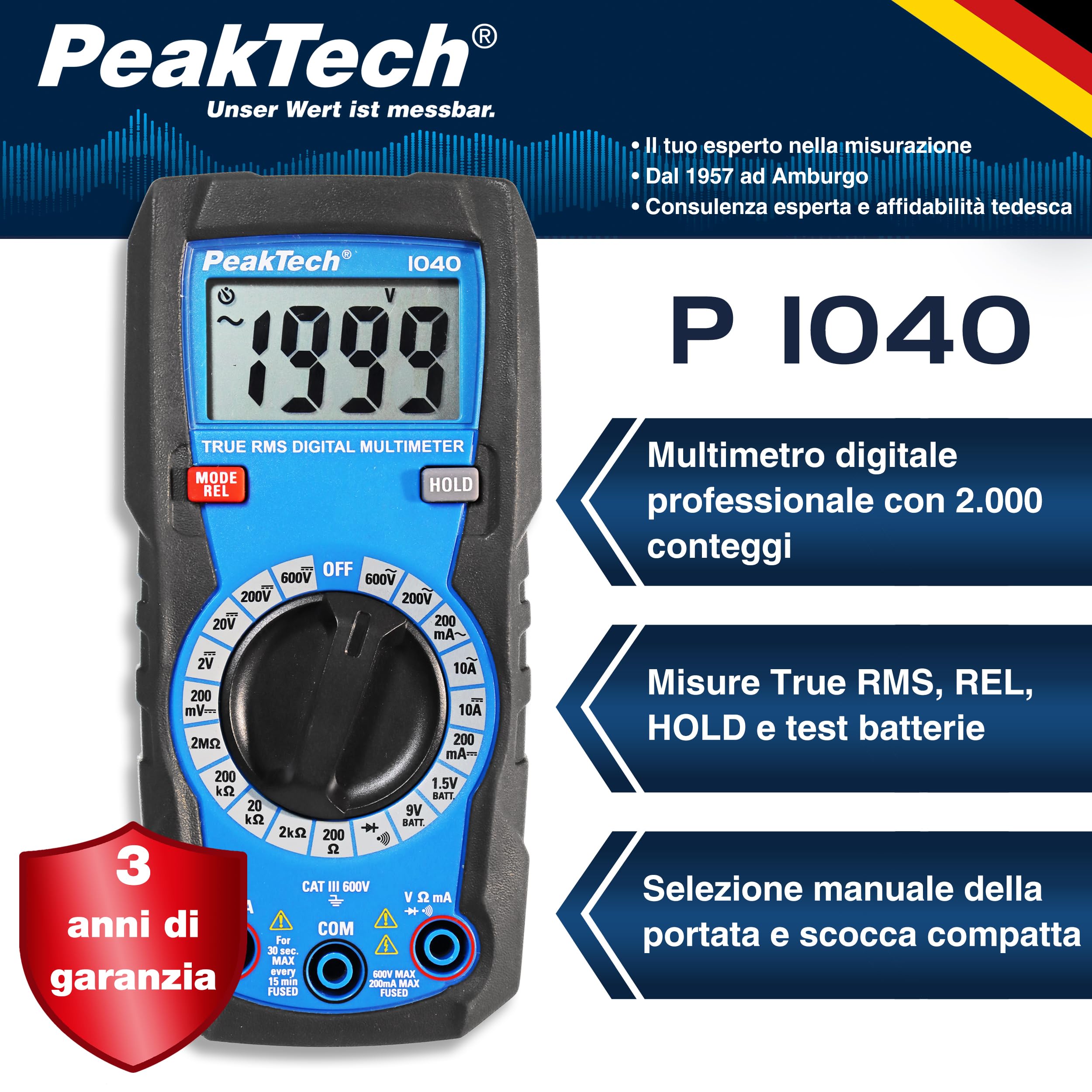 PeakTech P 1040 - Multimetro Digitale Compatto TRMS 2.000 Conti, Tester per Tensione, Corrente, Resistenza, Capacità e Continuità, 600V - CAT III, Nero