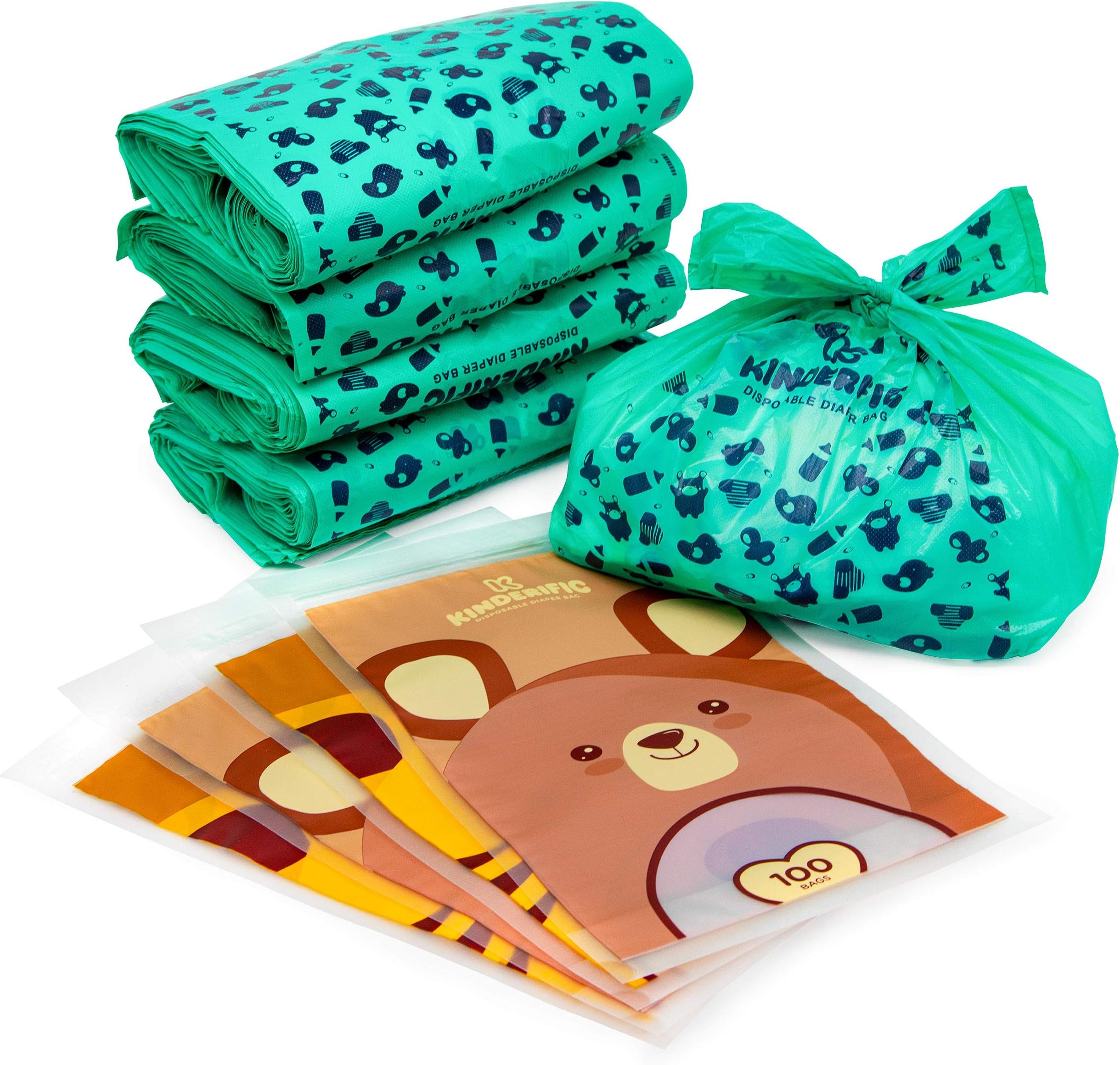 Disposable Diaper Bags, by Kinderific, Nappy Bags, Fresh Scent, Packed in 4 Resealable Ziploc Bags, Perfect Waste Bag for Dog Poop, Easy Tie Sack, 400 Bags