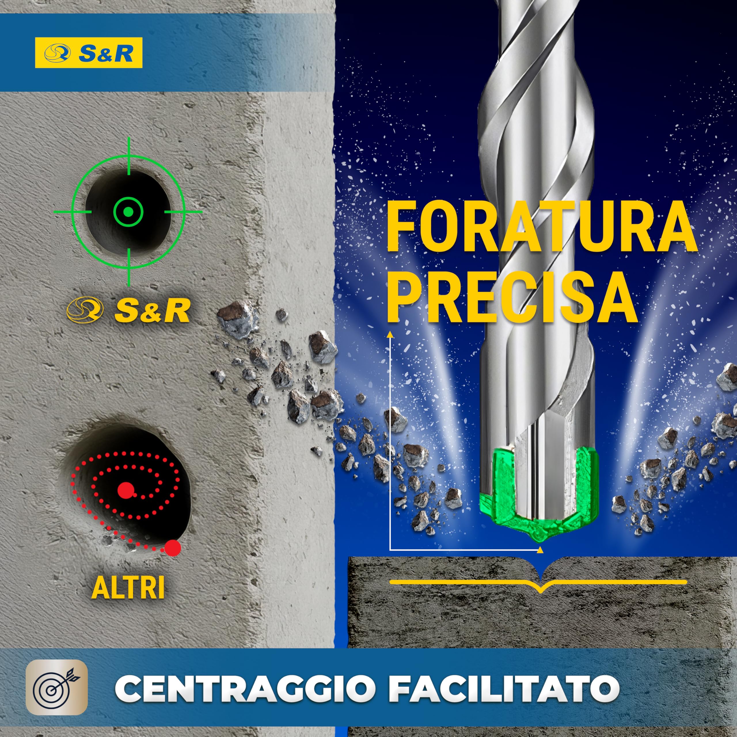 S&R Set Punte Trapano SDS-Plus a 4 taglienti - 6 Punte per CEMENTO ARMATO e Muratura. Ø 5/6/8 x 11cm - 6/8/10 x 16cm. Punte Professionali per Trapani di Tutte le Marche.
