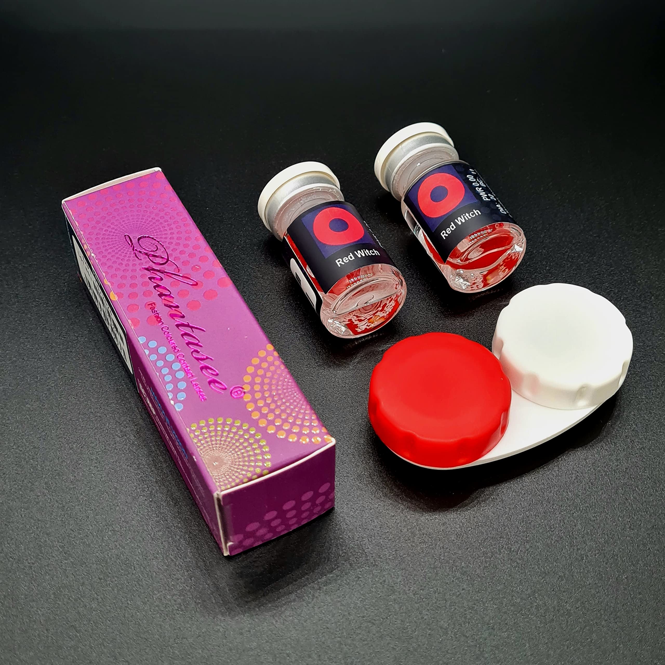 Lenti colorate completamente rosse, senza gradazione, 1 paio (2 pezzi), Lenti da 22 mm che coprono l'intero occhio + custodia per lenti "Red Witch"