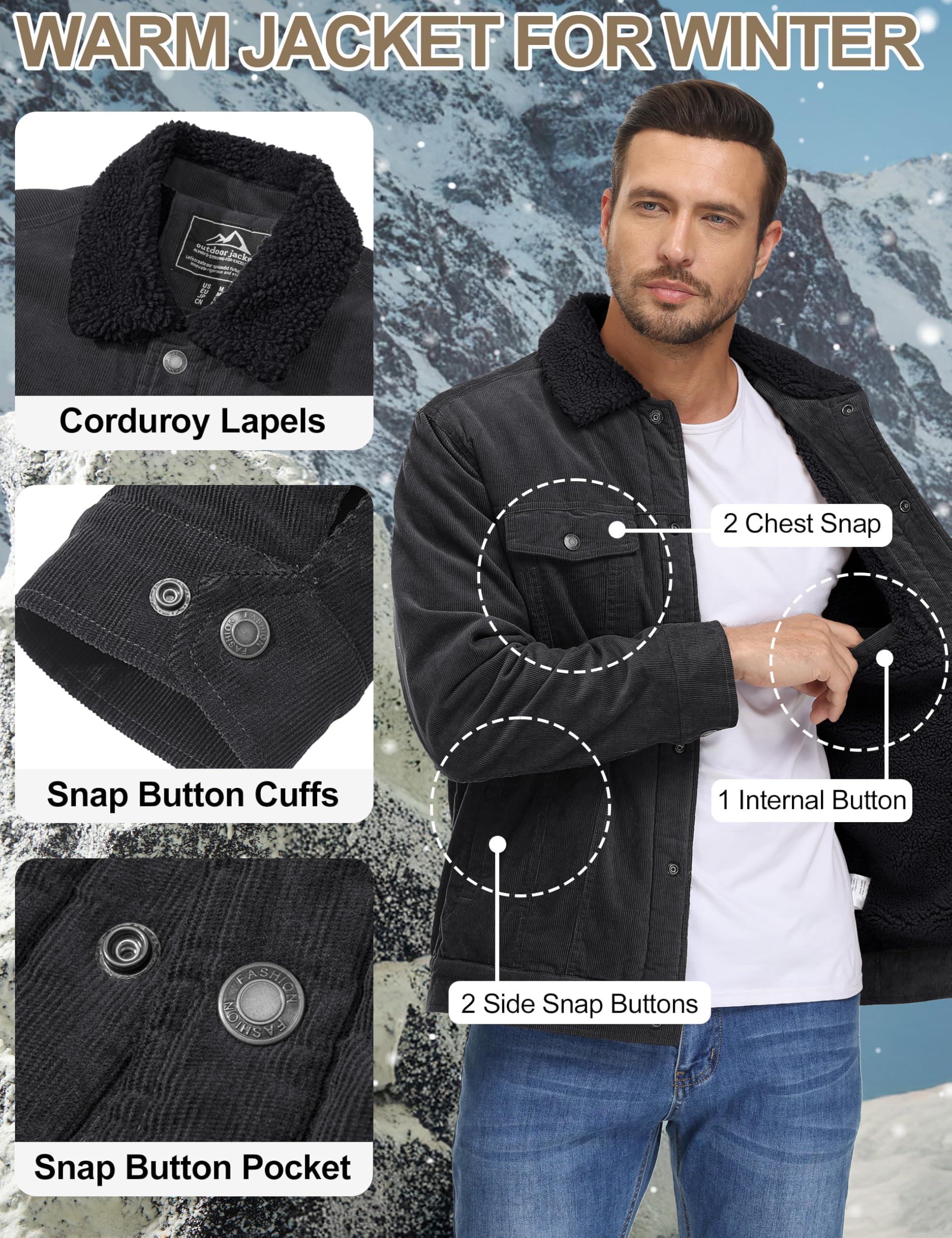 TACVASEN Giacca cargo da uomo in velluto a coste Sherpa foderato in pile invernale spesso caldo cappotto con risvolto giacca con tasche