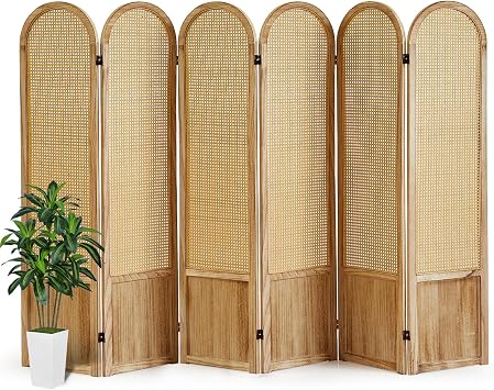 6 Panels Room Divider, Folding Privacy Screen, Foldable Wood Rattan Room Divider Panel, Portable Partition Screen Wall Divider for Room Separation Bedroom Home Office Garden Terrace Natural