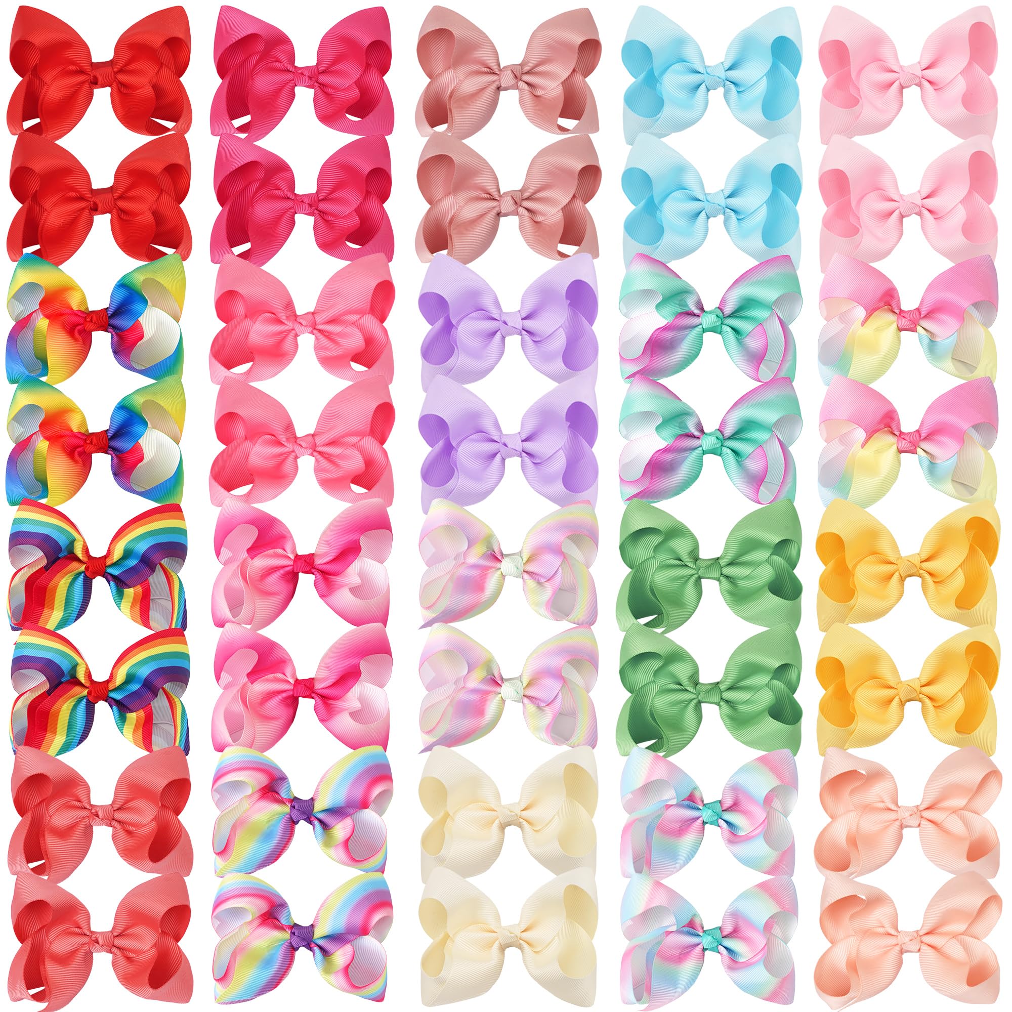 CÉLLOT 40 Pcs 4.5 Inch Hair Bows for Girls Clips Grosgrain Ribbon Boutique Hair Bow Alligator Clips For Girls Teens Toddlers Kids(Rainbow Colors)