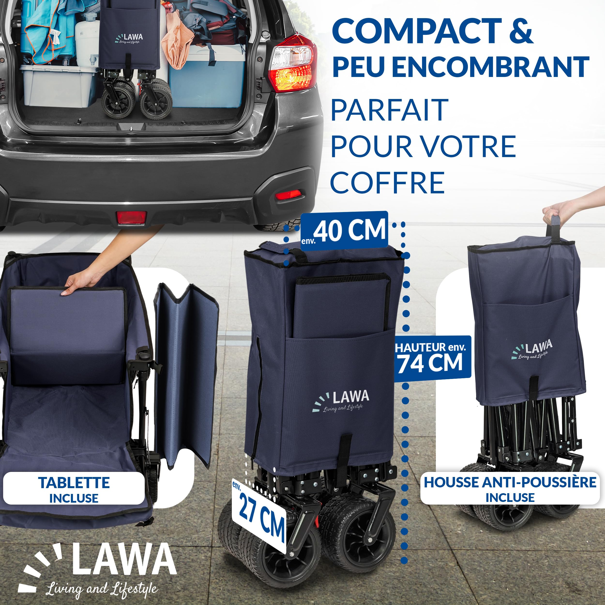 Chariot Pliable avec Hayon et Chariot de Plage Jardin Bleu | Chariot de Plage, Chariot de Jardin, Transport Extérieur, Capacité 100kg, Multifonction