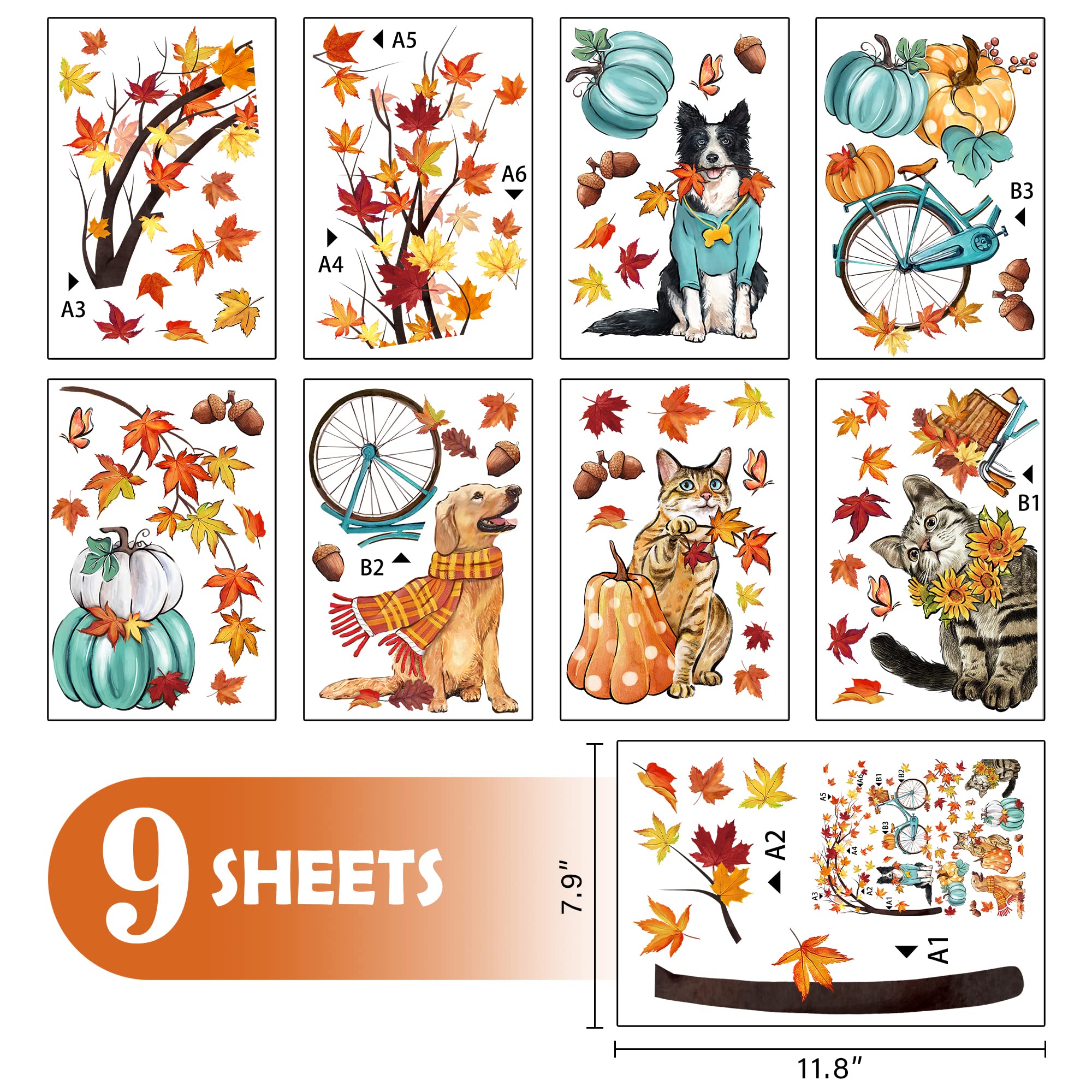 Mfault 59PCS Fall Window Clings 9 Sheets, Autumn Dogs Cats Maple Leaves Pumpkin Stickers Decals Decorations, Puppy Kitty Kitten Bicycle Thanksgiving Living Room Home Kitchen Decor