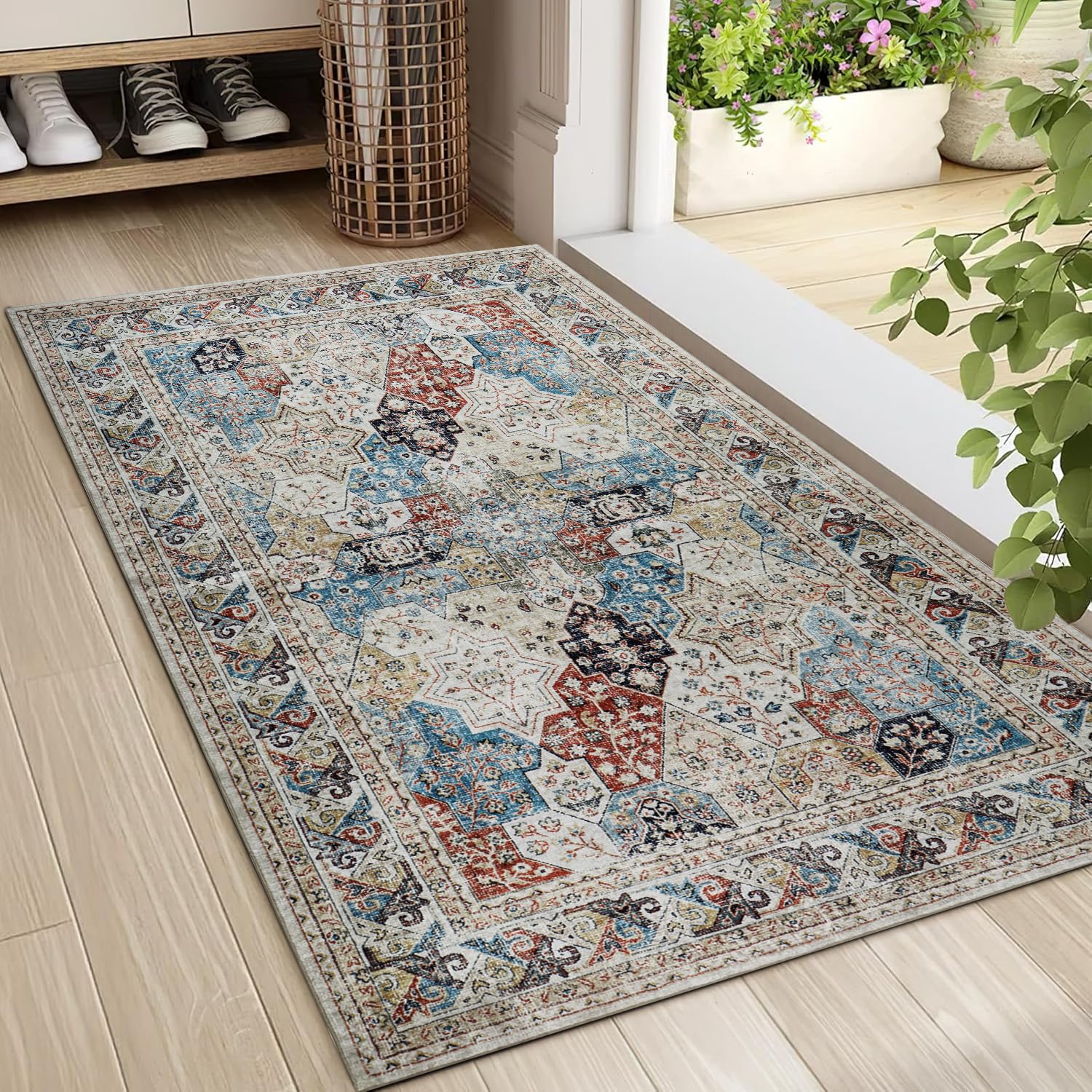 Imperial Rooms Machine Washable Bedside Small Rug 40x60 cm - Soft Short Pile Abstract Area Rugs For Bedroom Entrway Non Slip Floor Carpet Traditional Vintage Cashmere Door Mat For Kitchen, Coastal โ image 1