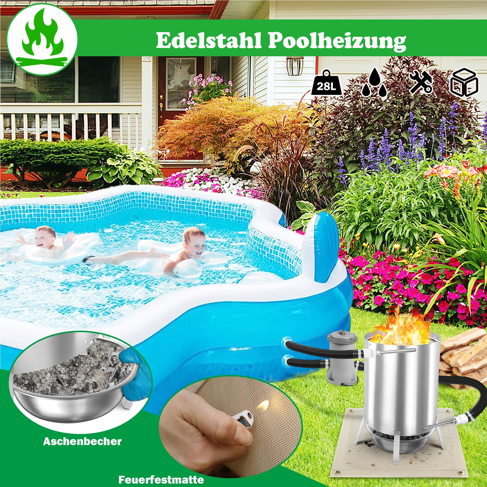 SUBTLETY Riscaldatore per piscina in acciaio inox con fuoco e spirale di riscaldamento, con connettori Ø 32/38 mm, per piscina e legna da ardere, riscaldamento per piscina da 12 l, per esterni