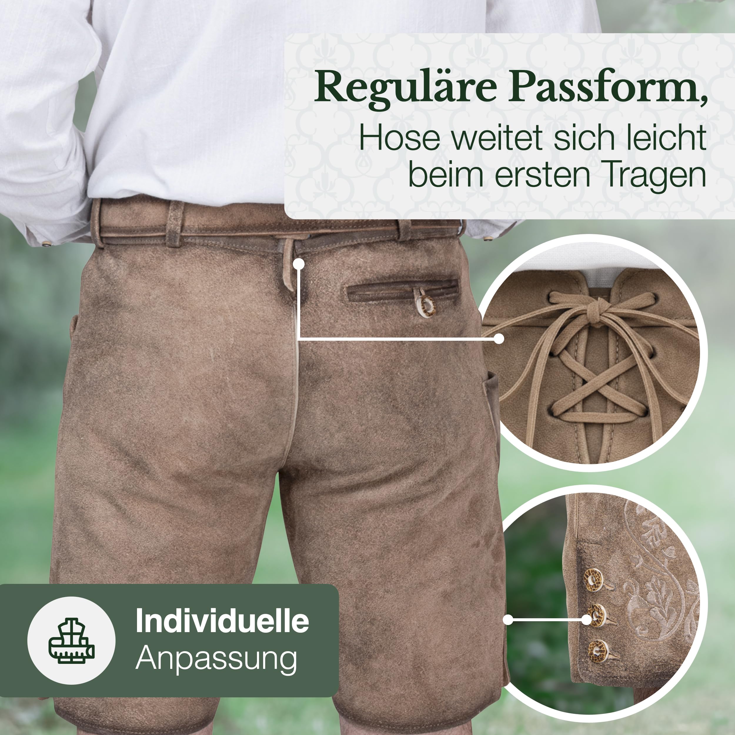 Schöneberger Trachten Couture Męskie spodnie skórzane krótkie z paskiem do stroju ludowego, tradycyjne spodnie w stylu vintage na Oktoberfest ze skóry nubukowej, Lugano