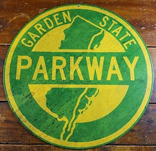 Metal Tin Sign Garden State Parkway Green Yellow HWY Road Round Advertising for Home Door Office Vintage Salon Wall Art Plaque Decoration 12 X 12Inches