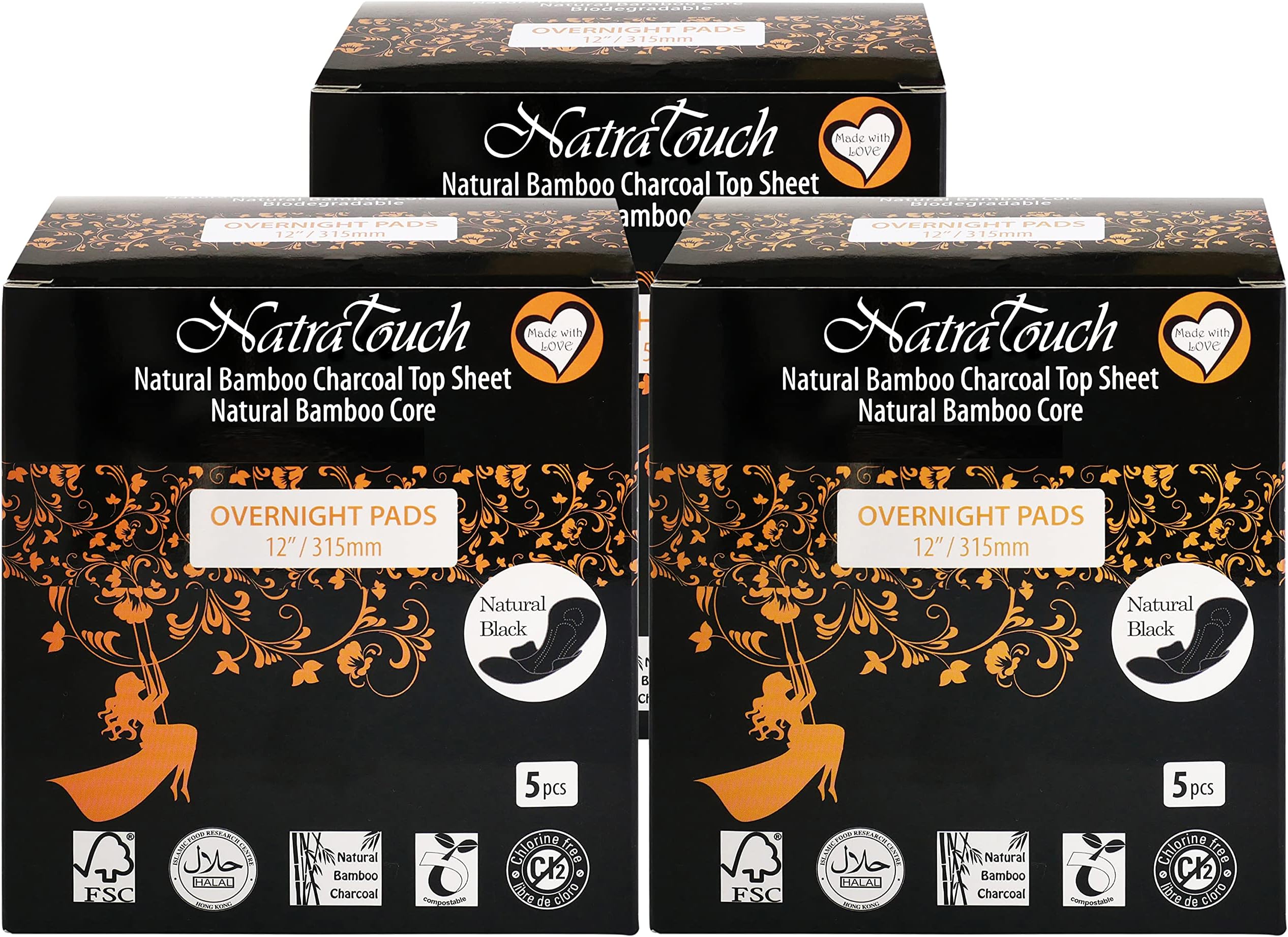 ~ COMPOSTABLE ~ Bamboo Charcoal Sanitary Pads -Overnight