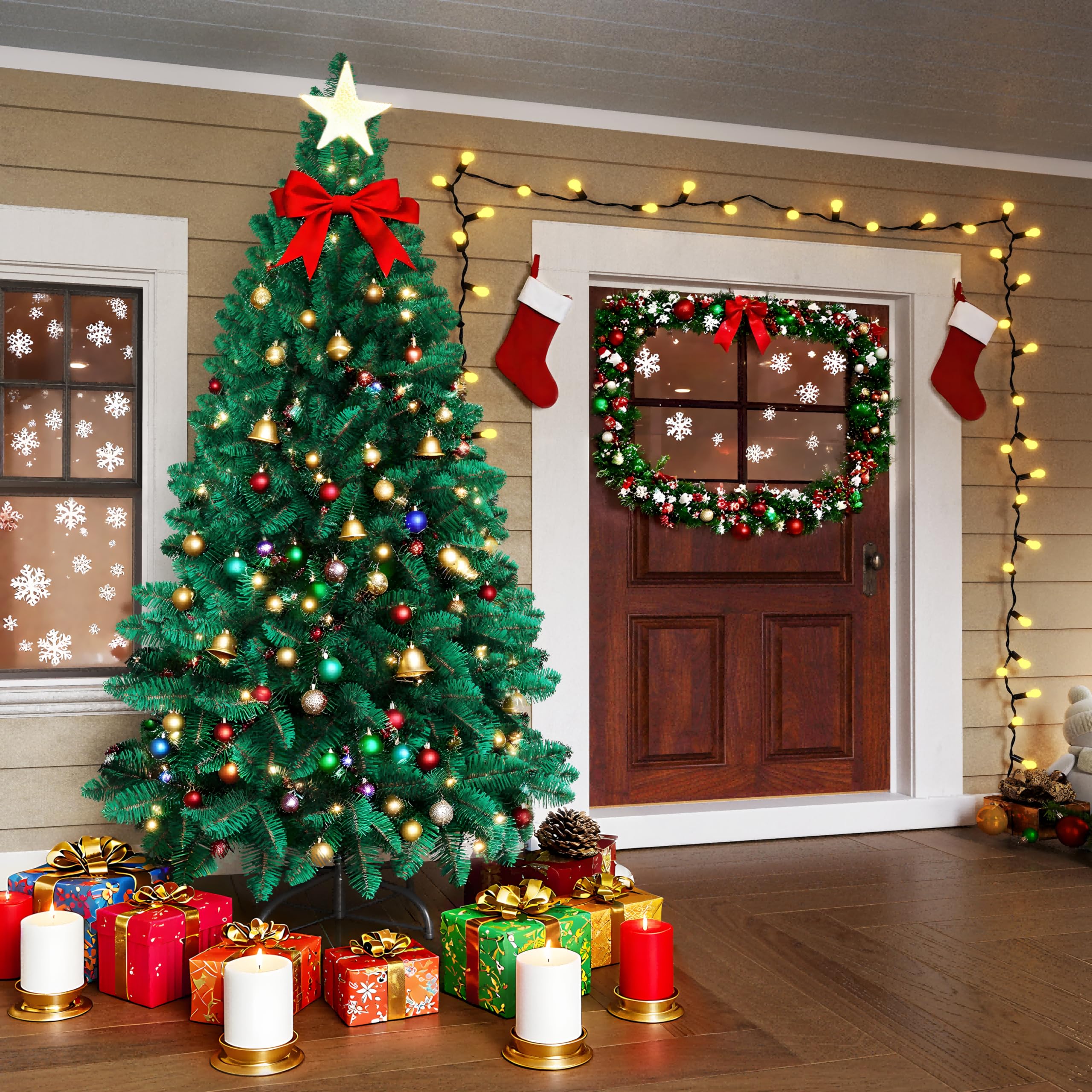 Froadp 210cm Albero di Natale Artificiale in PVC, Abete Artificiale con 820 Rami e 350 LEDs, Albero di Natale Rimovibile con Supporto in Metallo, Abete Ignifugo per la Decorazione di Natale