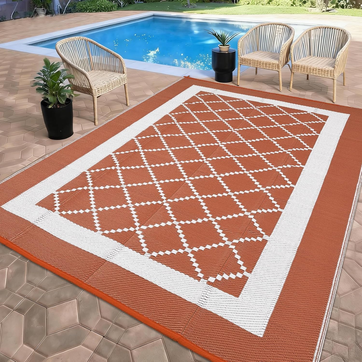 Outdoor Rug for Patio 9x12 Waterproof Camping Mat Reversible Plastic Straw Floor Carpet Modern Diamond Indoor Outdoor Large Area Rug for RV Deck Balcony Backyard Orange/White