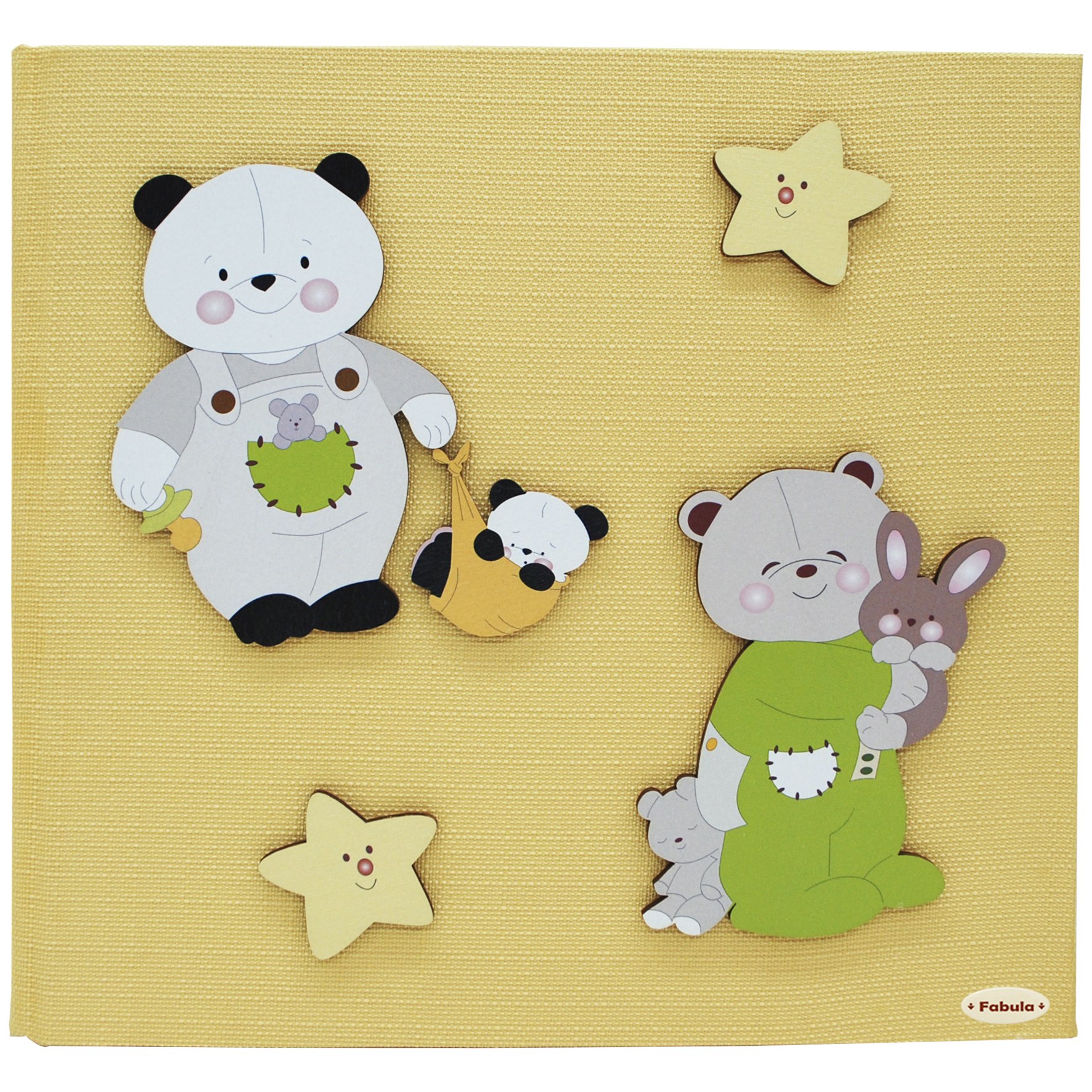 Fabula Linea Orso e Panda - Album Nascita Orso e Panda - formato cm 20x20 con Copertina Giallino 253 e applicazioni in legno - 4 fogli DIARIO NASCITA + 30 fogli bianchi per incollaggio foto - Cod. 15493n