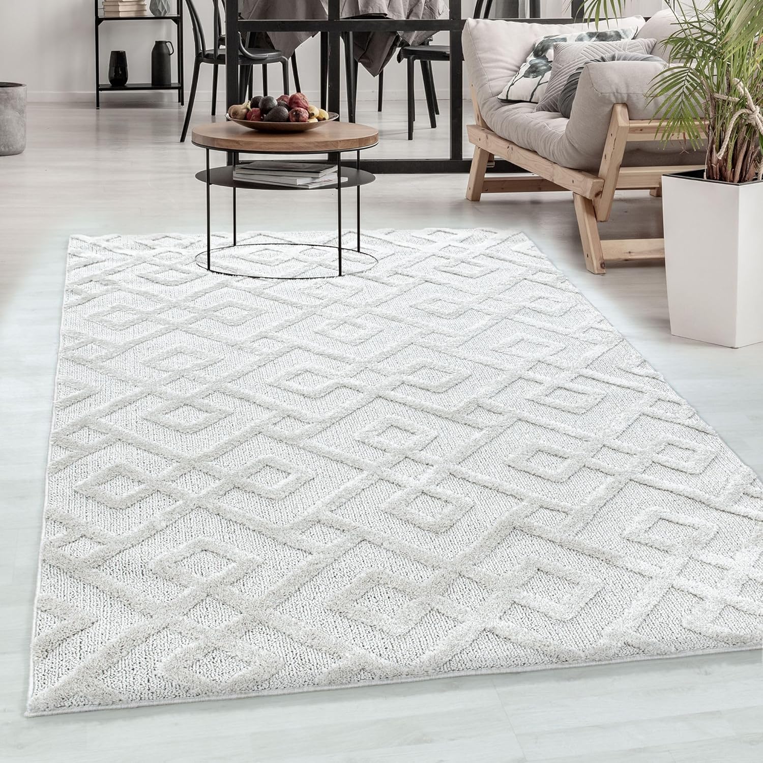 107291 Long Pile Rug, Cream Geometric Design, Runner, Living Room ...