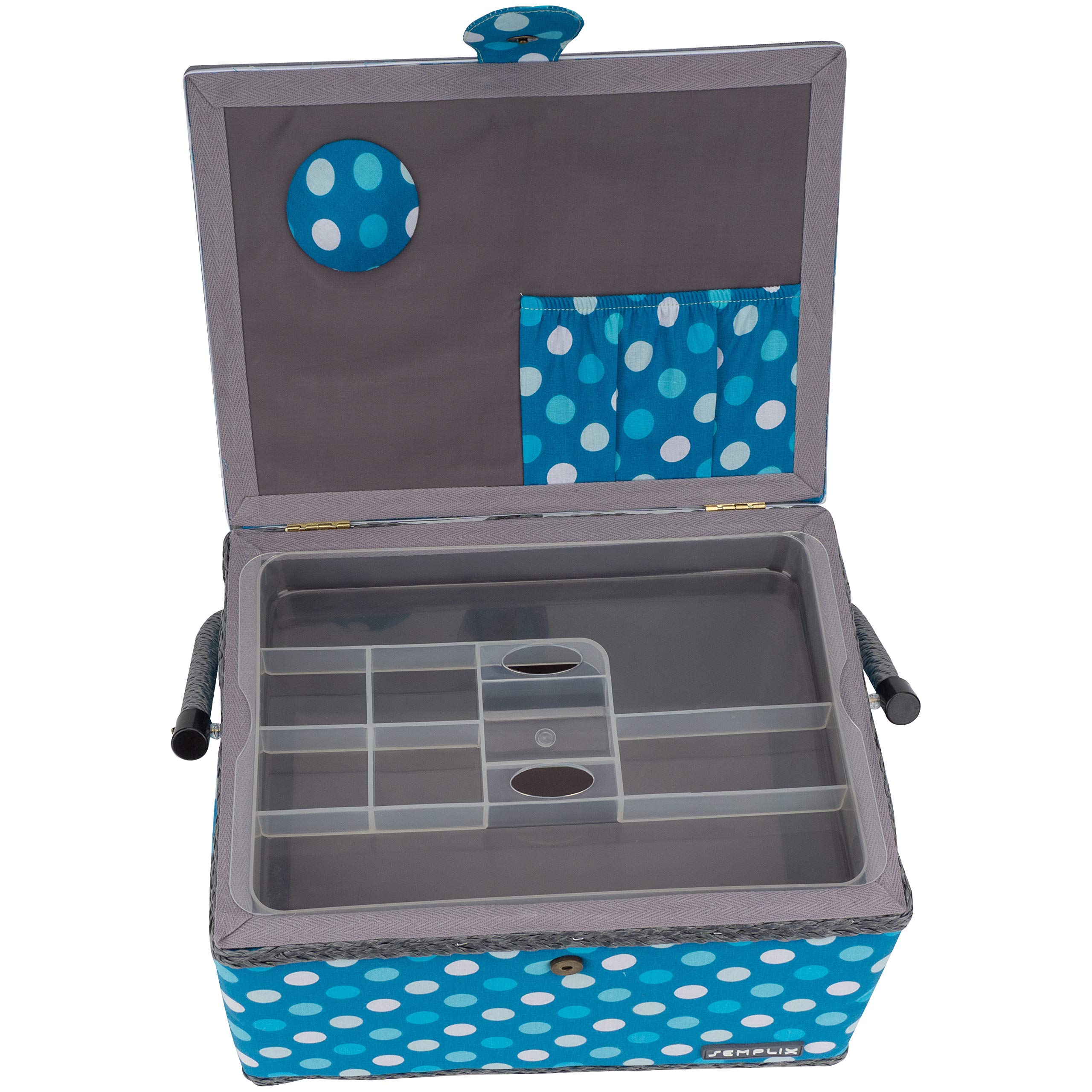 SEMPLIX Koszyk na przybory do szycia, rozmiar L, wypełniony (30 x 22 x 19 cm) – kompatybilny z zestawem akcesoriów do szycia Prym (wchodzi w zakres dostawy) – Polka Dots Petrol-turkusowy