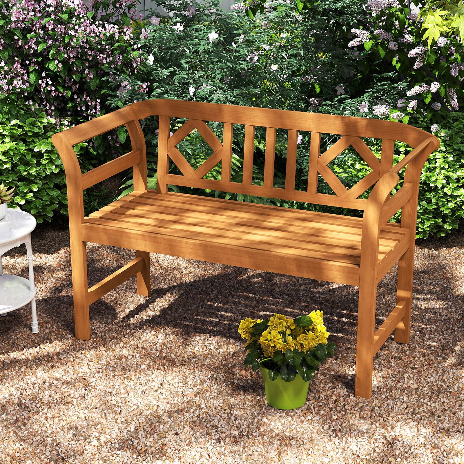 COSTWAY Banc de Jardin en Bois d'Acacia, Banc Exterieur Jardin à 2 Places, Dossier à Motif Géométrique, Accoudoirs, Banquette pour Balcon Porche Piscine, Charge 360 kg, 118 × 50 × 78,5 cm (Style 2)