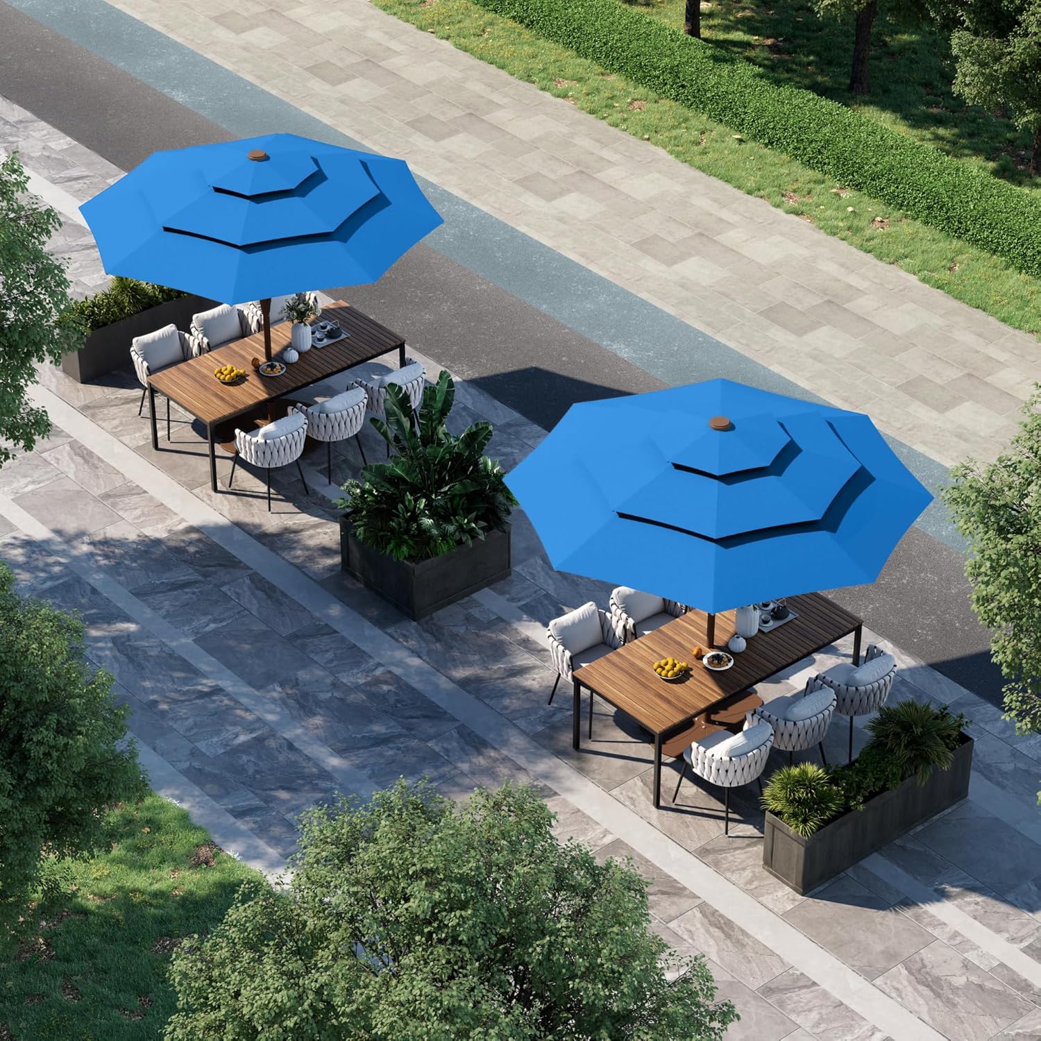 9FT 3 Tiers Patio Umbrella With Auto Tilt And Crank, Outdoor Table Market Umbrella with 8 Sturdy Ribs for Garden, Lawn, Deck, Backyard and Pool