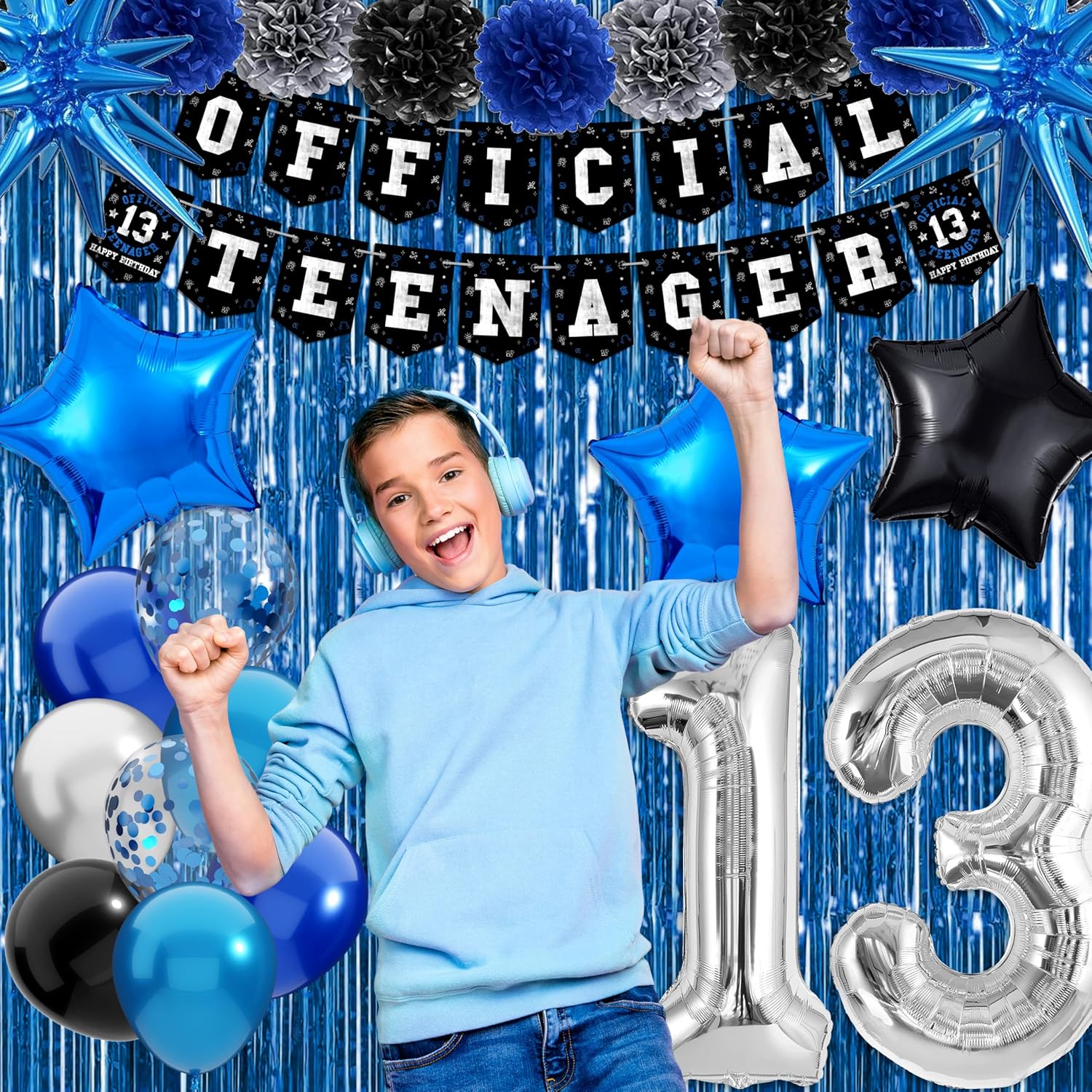 13th Birthday Decorations for Boys, Official Teenager Happy 13th Birthday Decor with Banner Backdrop Tablecloth & Number 13 Balloon Arch Kit for 13 Year Old Birthday Party Supplies(Black Blue)