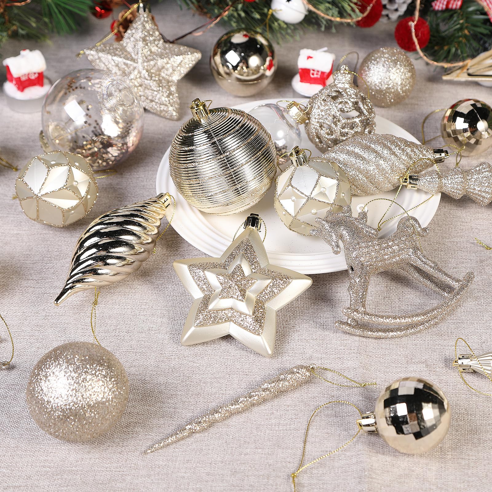 SHareconn 100 Piezas Bolas Arbol de Navidad, Adornos Plástico, Champán | con Cordón para Colgar, Plástico, Irrompibles, Decoracion Adornos Arbol Navidad, para Uso en Interiores o Exteriores