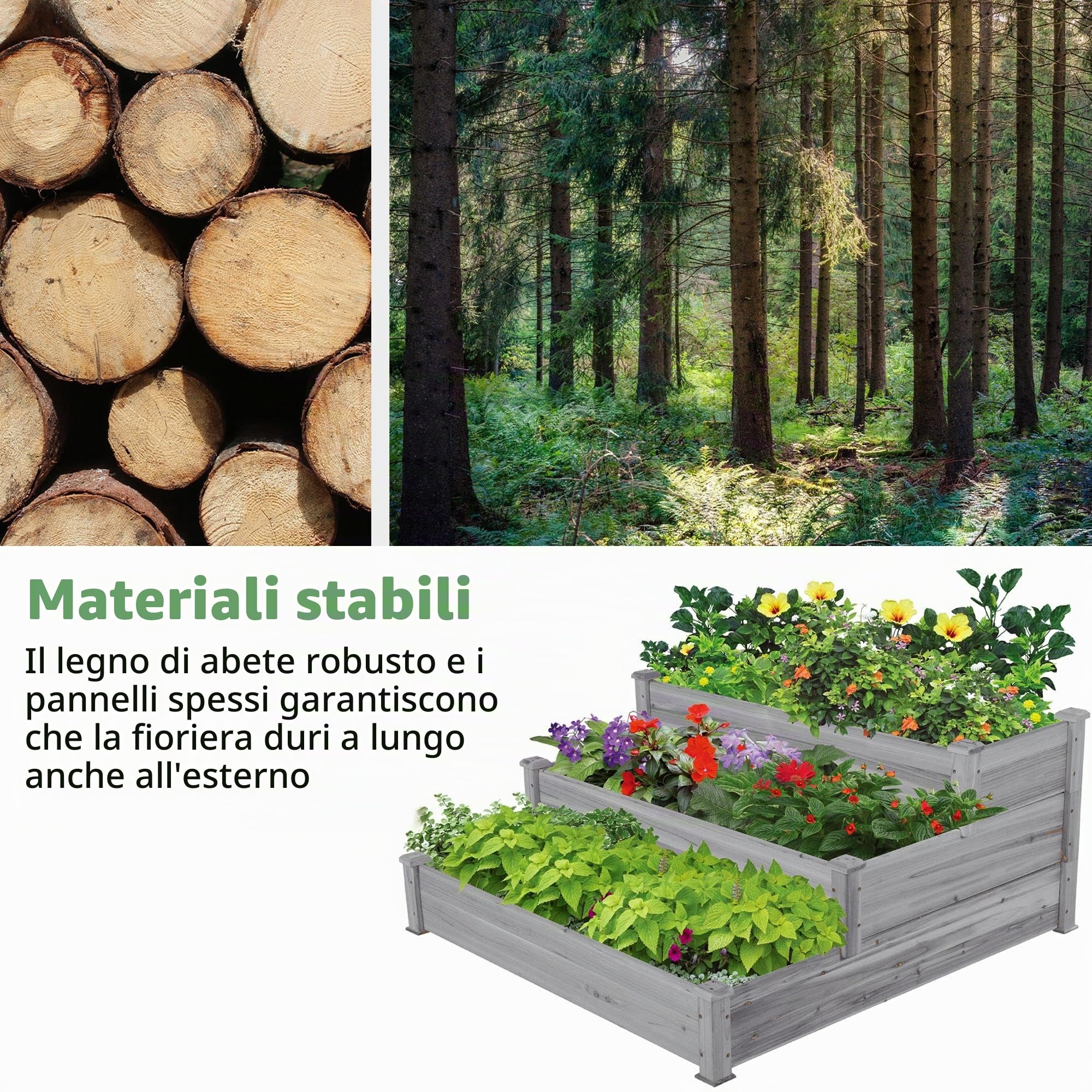Yaheetech Letto Orto Rialzato da Giardino Etserno Interno Grande a 3 Livelli Aiuola Rialzata Vasca per Piante in Legno 120 x 120 x 56 cm Grigio