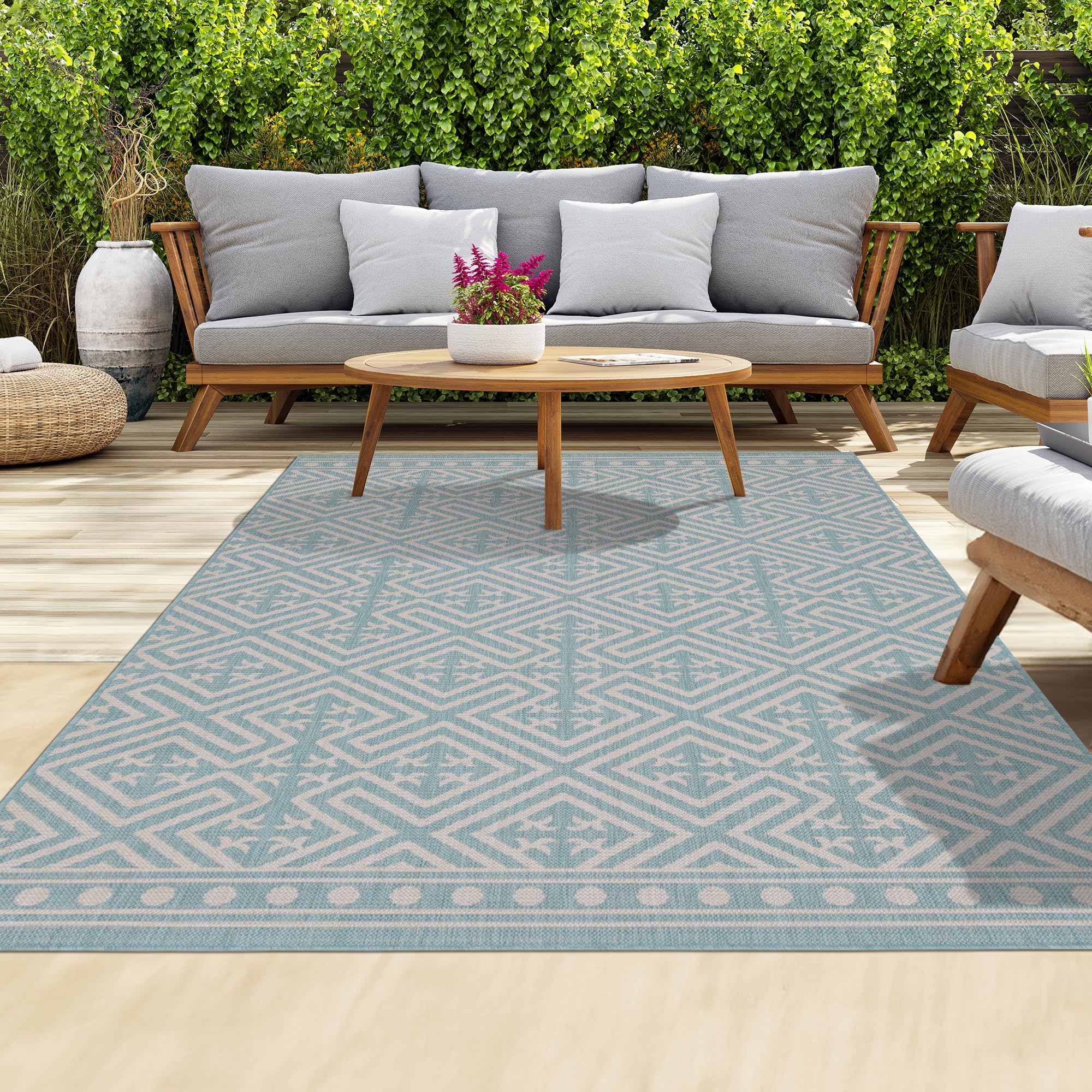 homeart Outdoor Rugs | Easy-Cleaning Indoor & Outdoor Area Rugs for Porch, Deck, Balcony, Garden, Picnic, Kitchen, Hallway | UV & Weather-Resistant Large Patio Rug Mats Aqua Cream, 180 x 270 cm — image 1