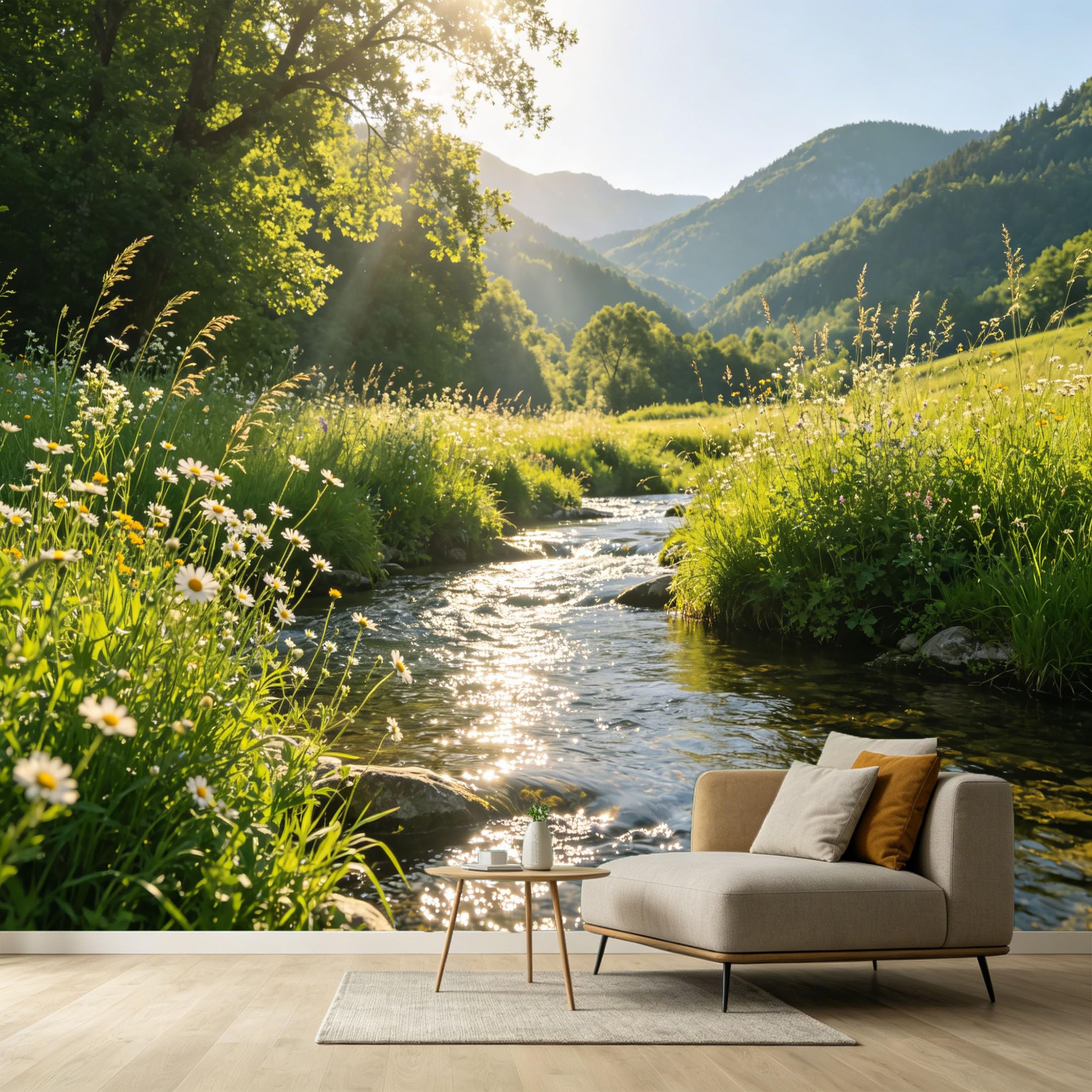 Custom Size Wall Murals Mountain Lake Landscape Wildflower Meadow Sunbeam Stream SelfAdhesive Wall Fabric Removable Large Wallpaper for Photo Living Room