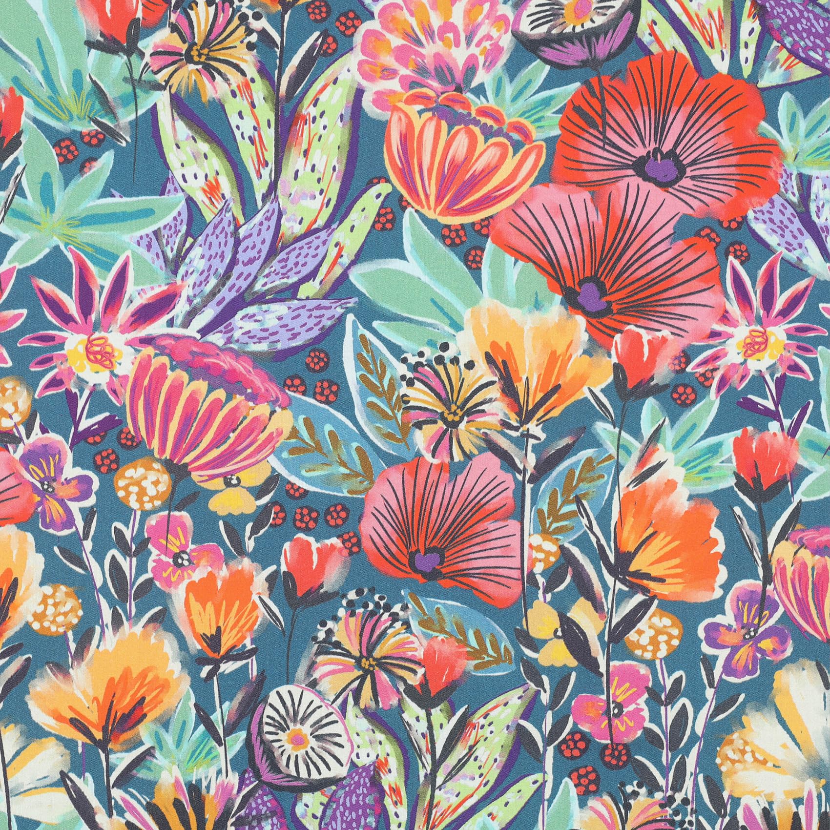 VmG-Store 1 m Cotton Fabric for Sewing, 100% Cotton Sewing Fabric, No Sold by the Metre, Children's Fabric, Patchwork, DIY, Crafts, Quilting, Crafts (Flower Magic Digital Petrol Bc033)