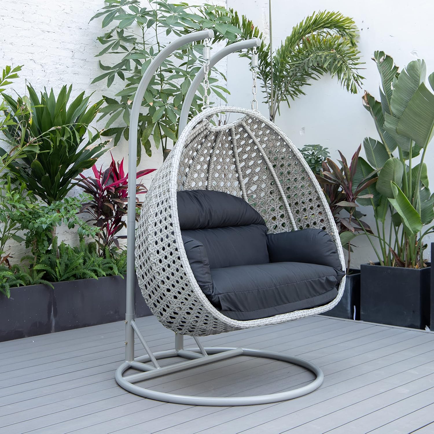 LeisureMod Light Gray Wicker 2-Person Patio Hanging Double Egg Swing Chair with Stand & Cushions for Indoor Outdoor Patio Garden Black