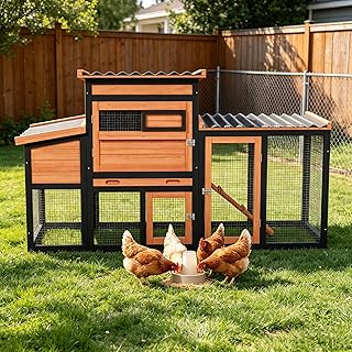 Wooden Chicken Coop with Nesting Boxes and Run, Outdoor Hen House for Chickens, Quail, Pigeons, Rabbits, Backyard Poultry Cage with Waterproof Roof and Pull-Out Tray, Brown