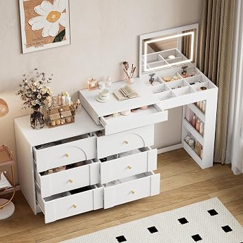 Rotating Dressing Table with LED Lighting, Dressing Table, Office Table, White, 105 x 40 x 80 cm