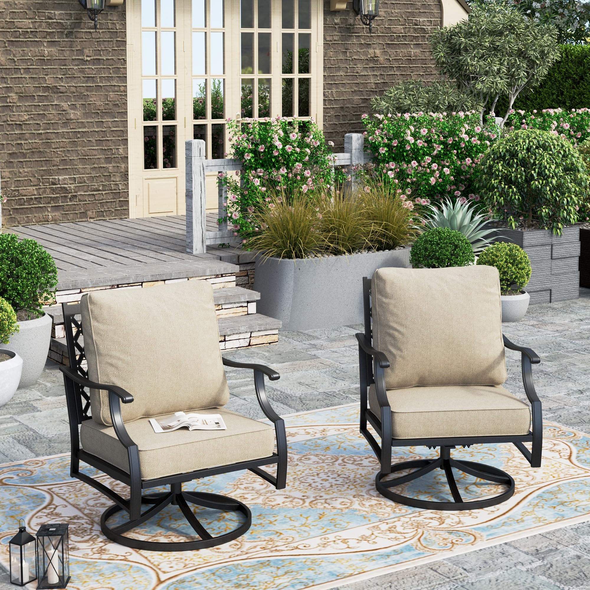 HERA'S HOUSE Outdoor Chairs Set of 2, 2 x Patio Chair with Beige Cushions, All Weather Outdoor Furniture for Lawn Garden Backyard Deck(Swivel Chairs)