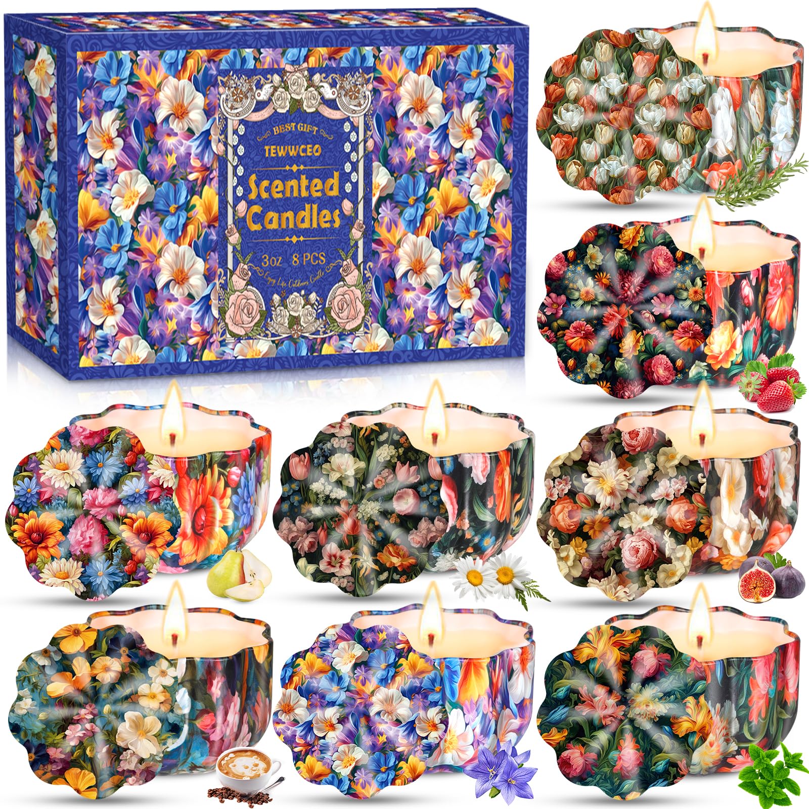 TEWWCEO Velas Perfumadas Juego de 8 piezas,Navidad Velas Aromaticas Regalos,Vela Aromática Regalo de Velas de Aromaterapia Cera de Soja Natural Vela de Viaje Adecuado, Yoga Baño Dormitorio, Navidad