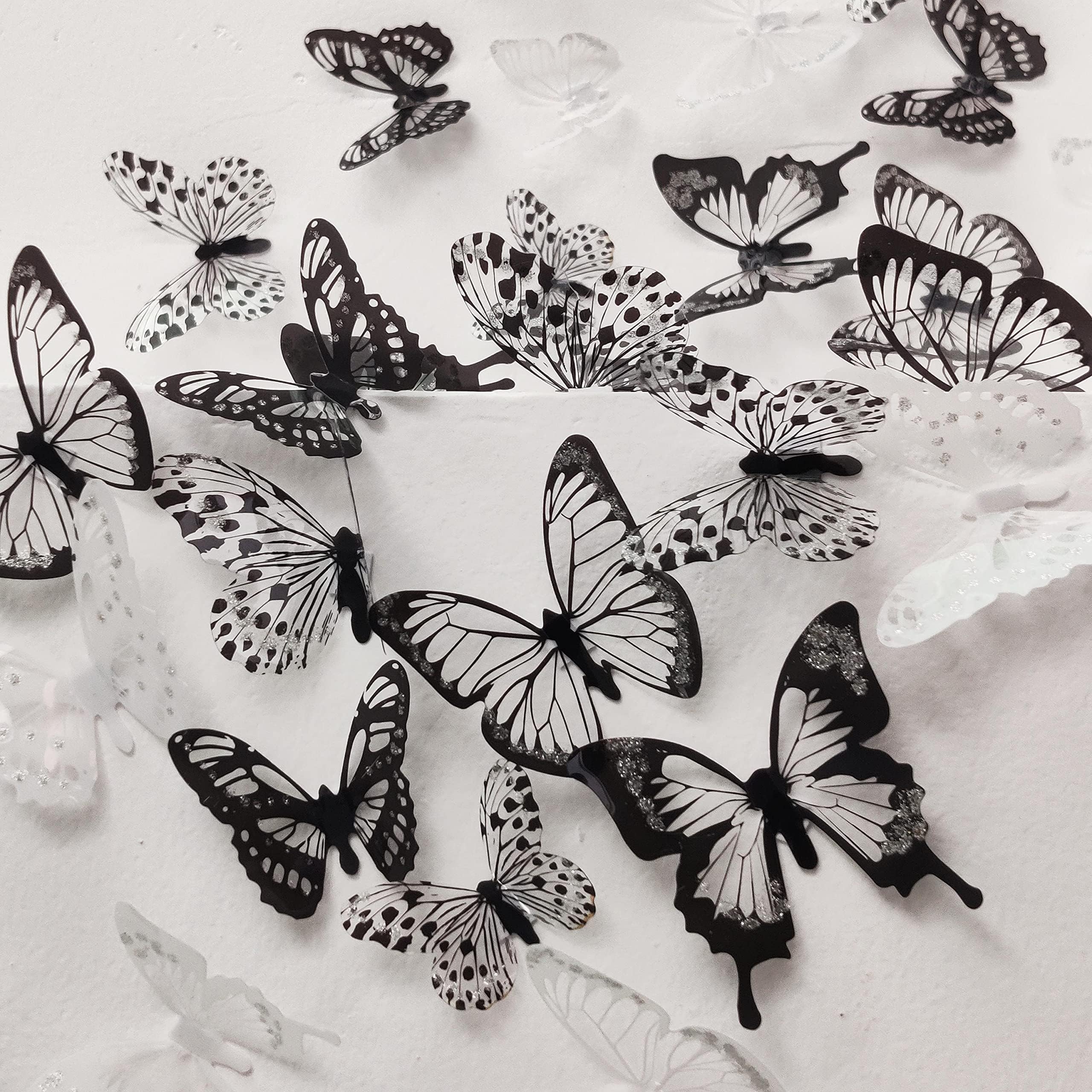 HZMM 72 Pcs 3D Butterfly Wall Stickers, Waterproof PVC, Black & White, Removable Paper Decals with Sticky Dots for Window, Furniture, Wedding, Baby Kids Bedroom Christmas DIY Decor