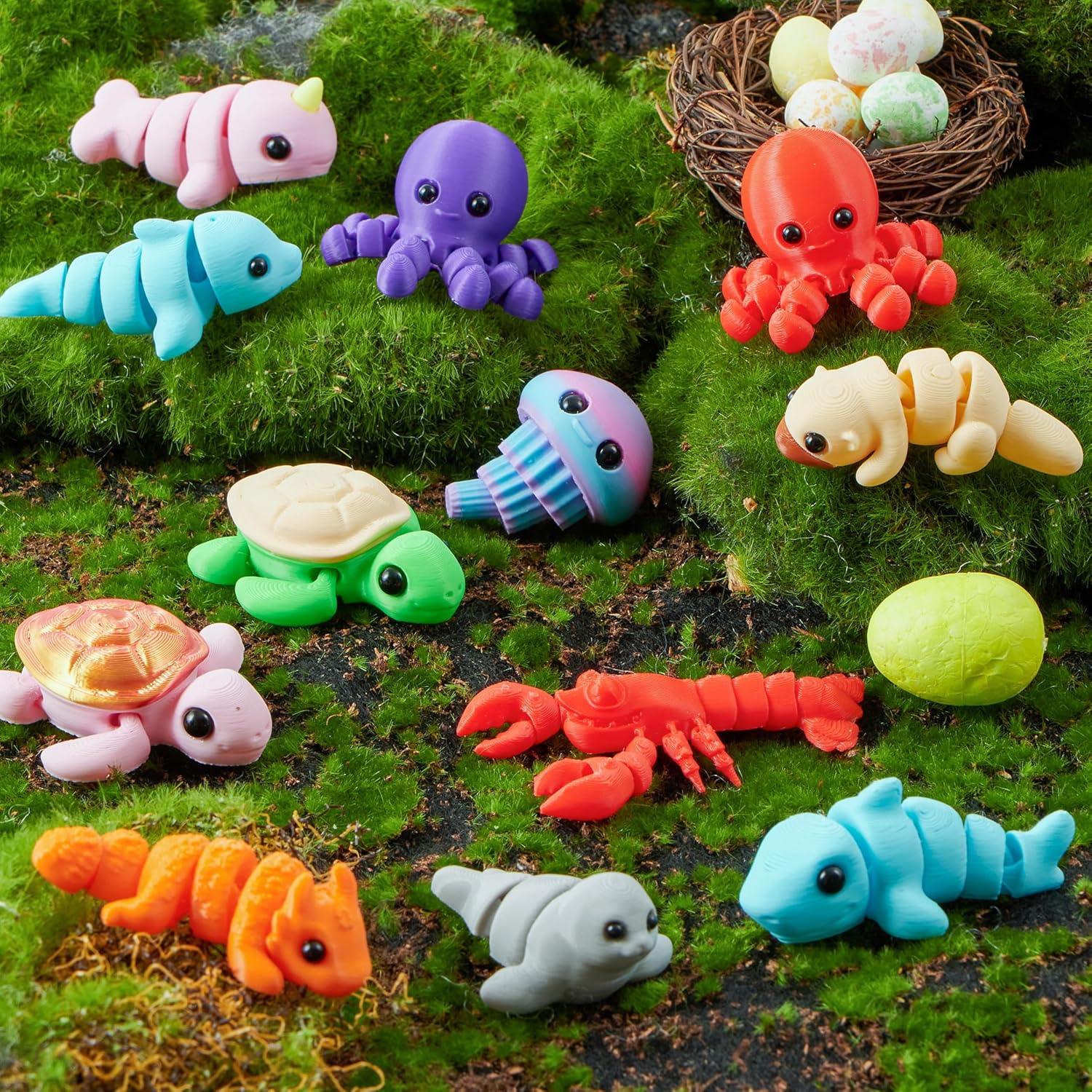 JOYIN 12Pcs Prefilled Easter Eggs with Mini Sea Animals, Articulated Toys, 3D Printed Toys, Basket Stuffers for Boys & Girls, Party Favors, Easter Egg Hunt, Classroom Supplies(Age 8+)