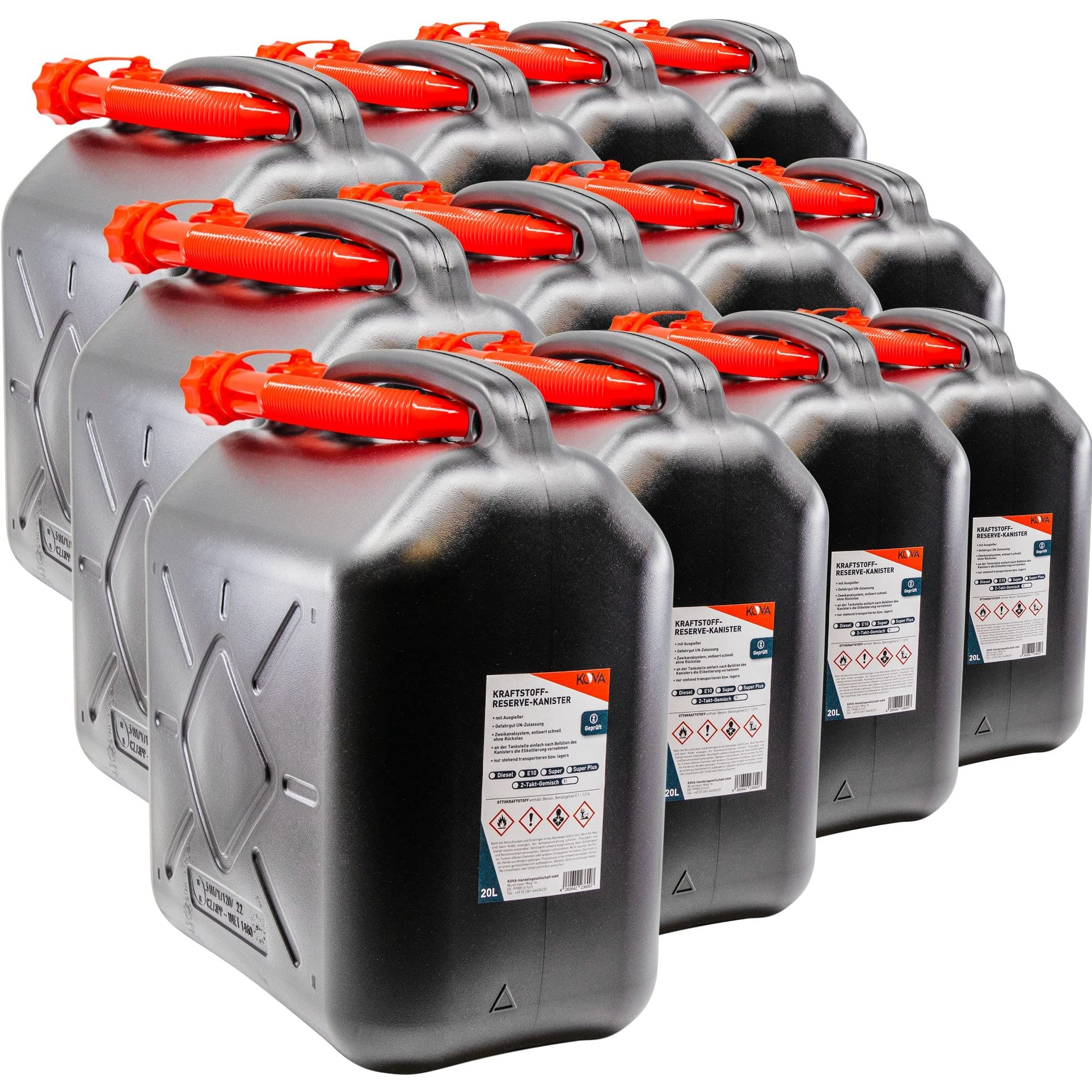 KOVA® 12x Benzinkanister 20L SCHWARZ Kunststoff Dieselkanister Reservekanister Kraftstoffkanister 20 Liter Wasserkanister für Benzin Diesel Wasser AdBlue 20-Liter-Kanister Außgießer 20 ltr Petrol Can