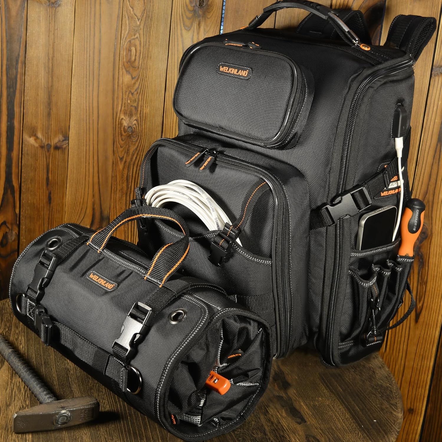WELKINLAND Full-Open Tool Backpack and Tool Roll Bundle-Perfect Combination of Robustness
