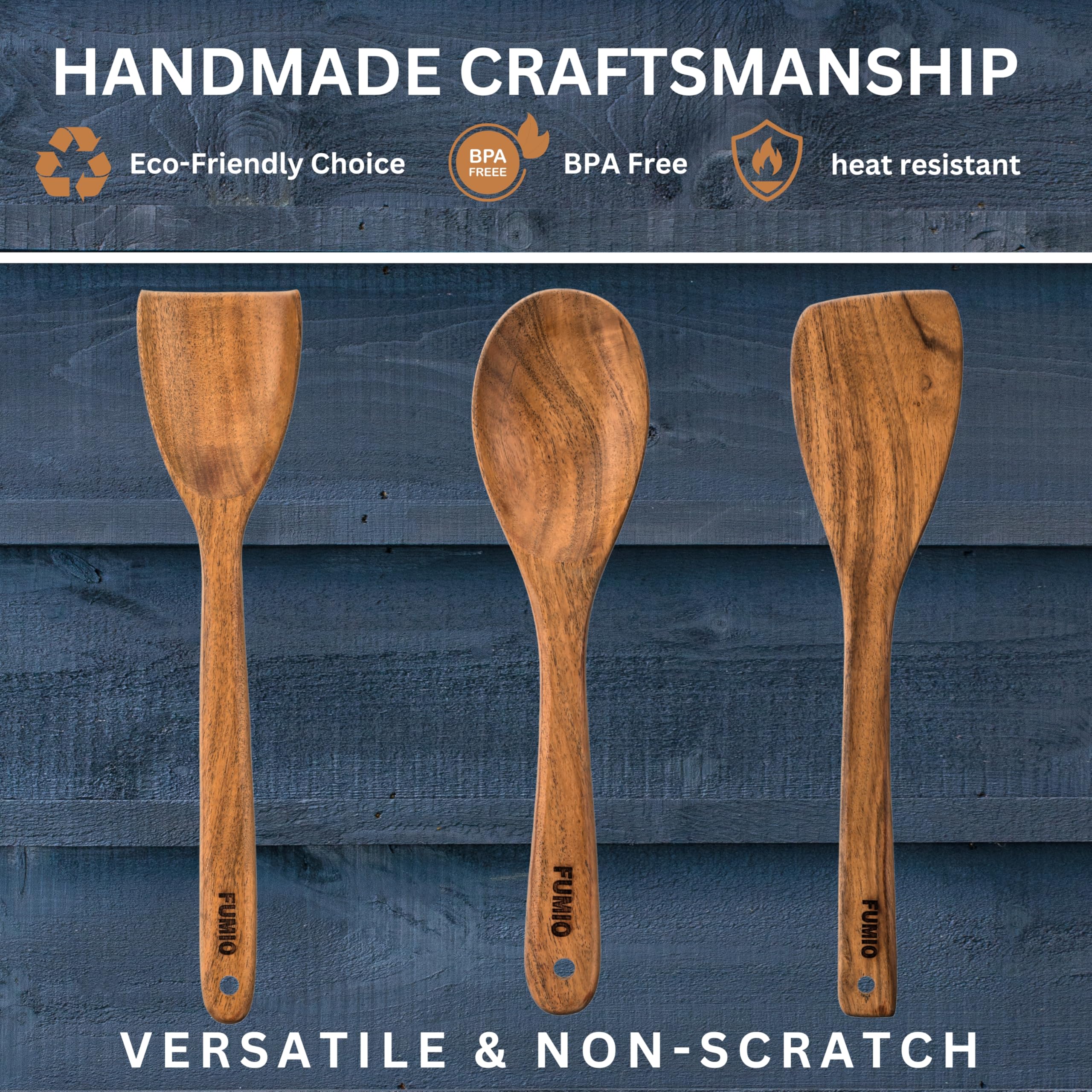 FUMIO Juego de 3 cucharas y espátulas de madera de acacia, utensilios de cocina de madera natural de alta calidad para cocinar, remover y servir, y diseño resistente al calor, hecho a mano