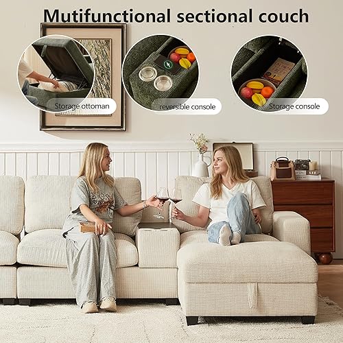 Miniatura 6 de Sofá modular de 122 pulgadas con consola y portavasos, sofá en forma de L con diván convertible, sofá de 4 asientos con otomana de almacenamiento,