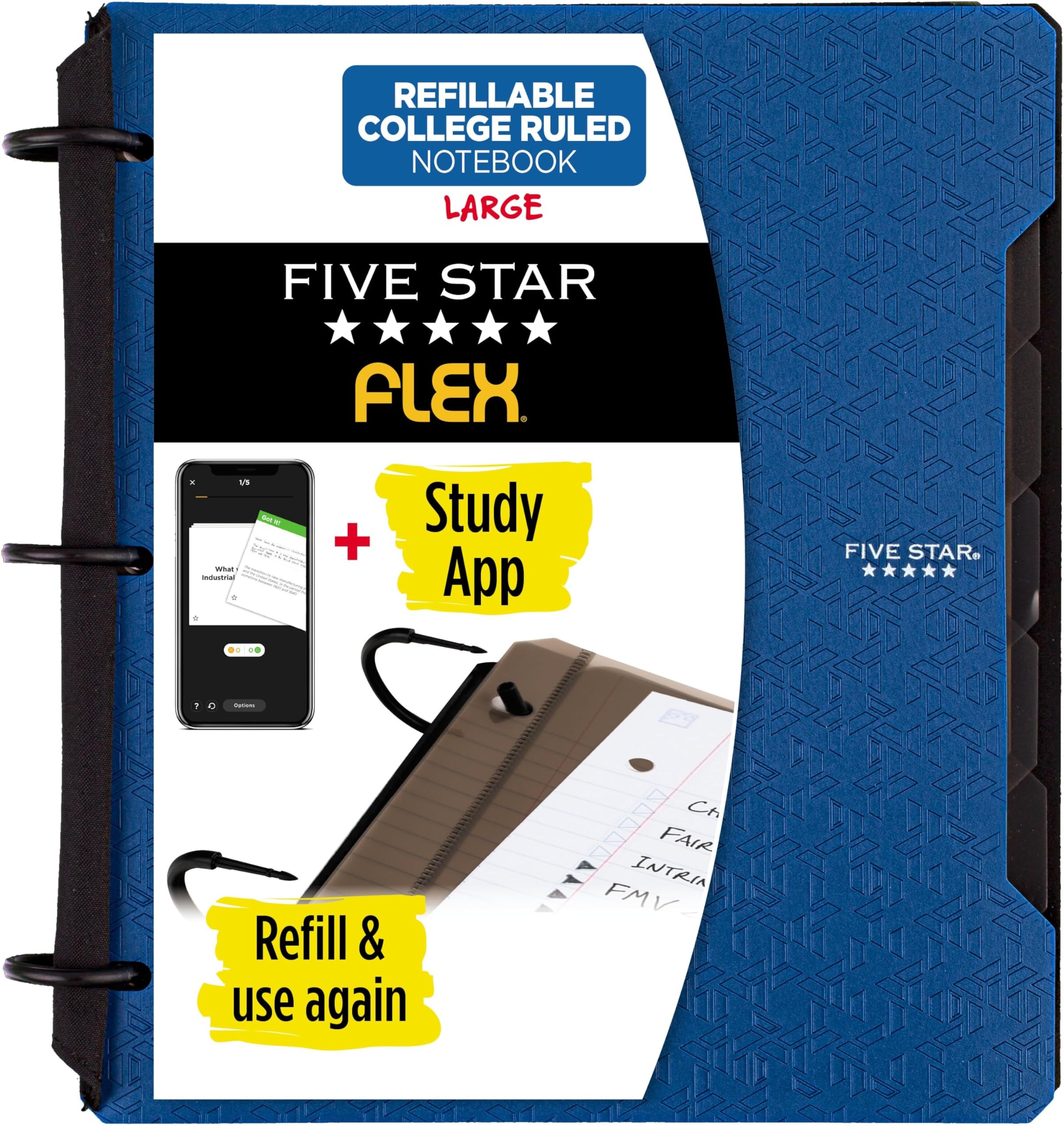 Flex Refillable Notebook + Study App, College Ruled Paper, 2.5 cm TechLock Rings, Pockets, Tabs and Dividers, 200 Sheet Capacity, Blue (29328AD2)