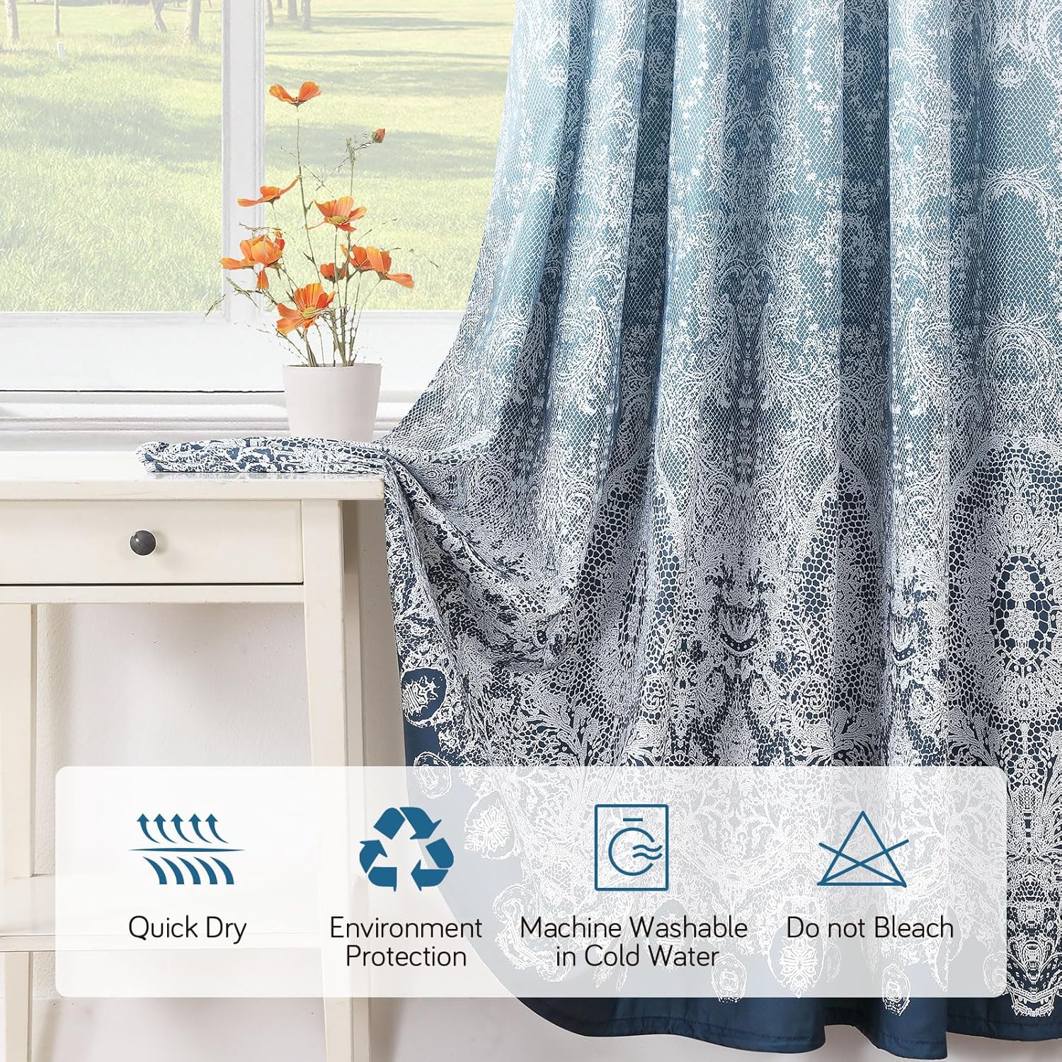Blue Ombre Shower Curtain,Blue to White Gradient Lace Printed Fabric Curtains for Bathroom,72" W x 72" H