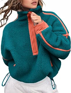 Kumufenc Women's Fleece Sweatshirts Half Zip Pullover Long Sleeve Oversized Workout Crop Tops Hoodie With Pocket