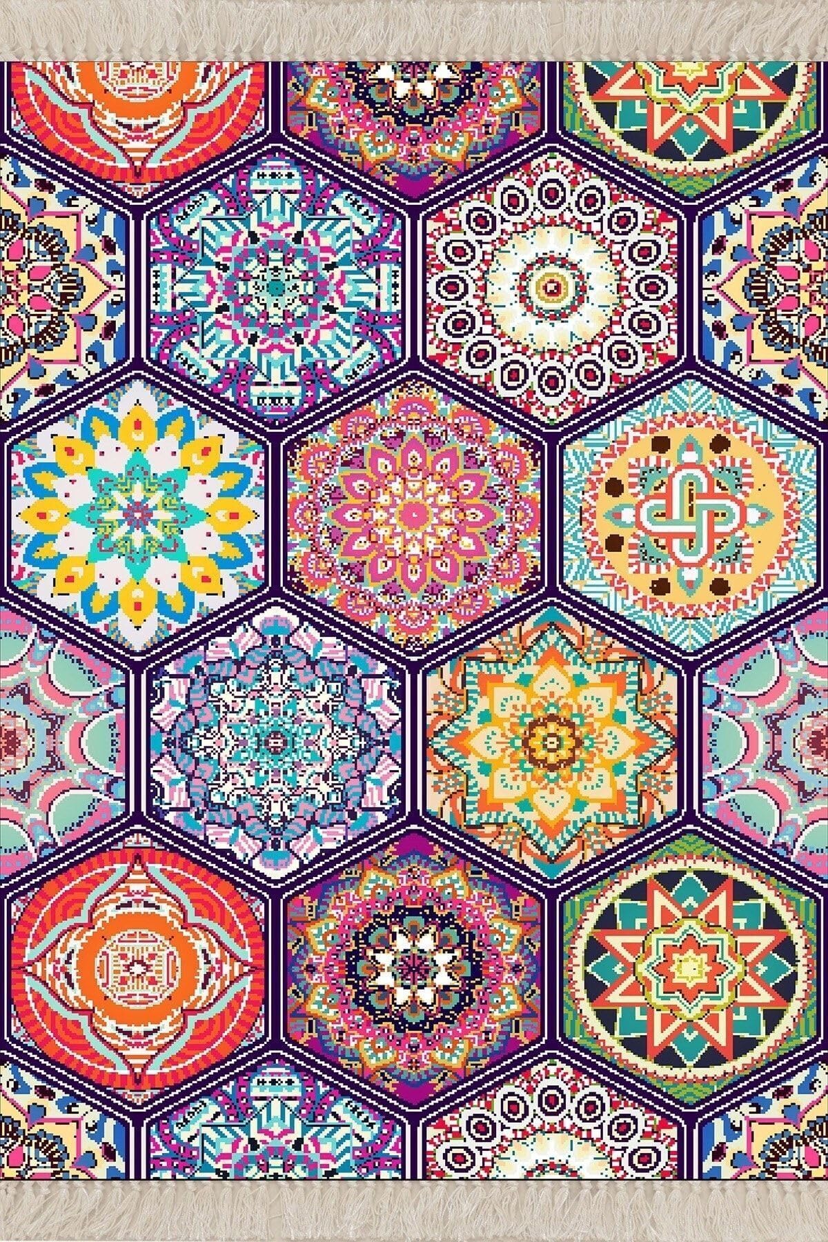 On The Clouds Mandala Desenli Çiçekli Dijital Baskı Yıkanabilir Kaymaz Taban Etnik Salon Halısı ve Yolluk BLT-S-263, 100 x 200