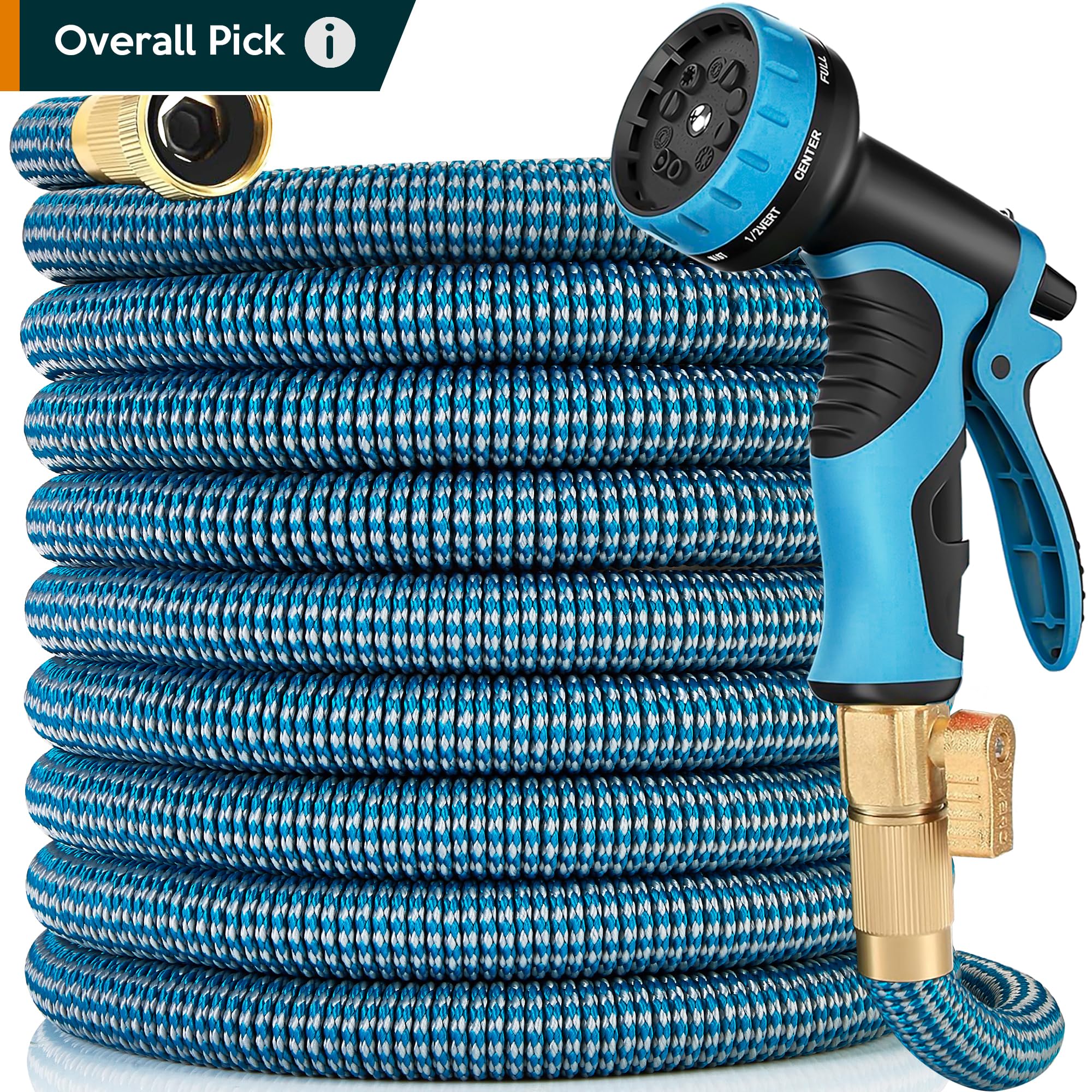 Expandable Garden Hose 75 ft with 10 Function Nozzle Sprayer, Lightweight Flexible Water Hose with Durable Collapsible Latex Core Solid Brass Fittings, 75ft Retractable Stretch Hose, Blue White