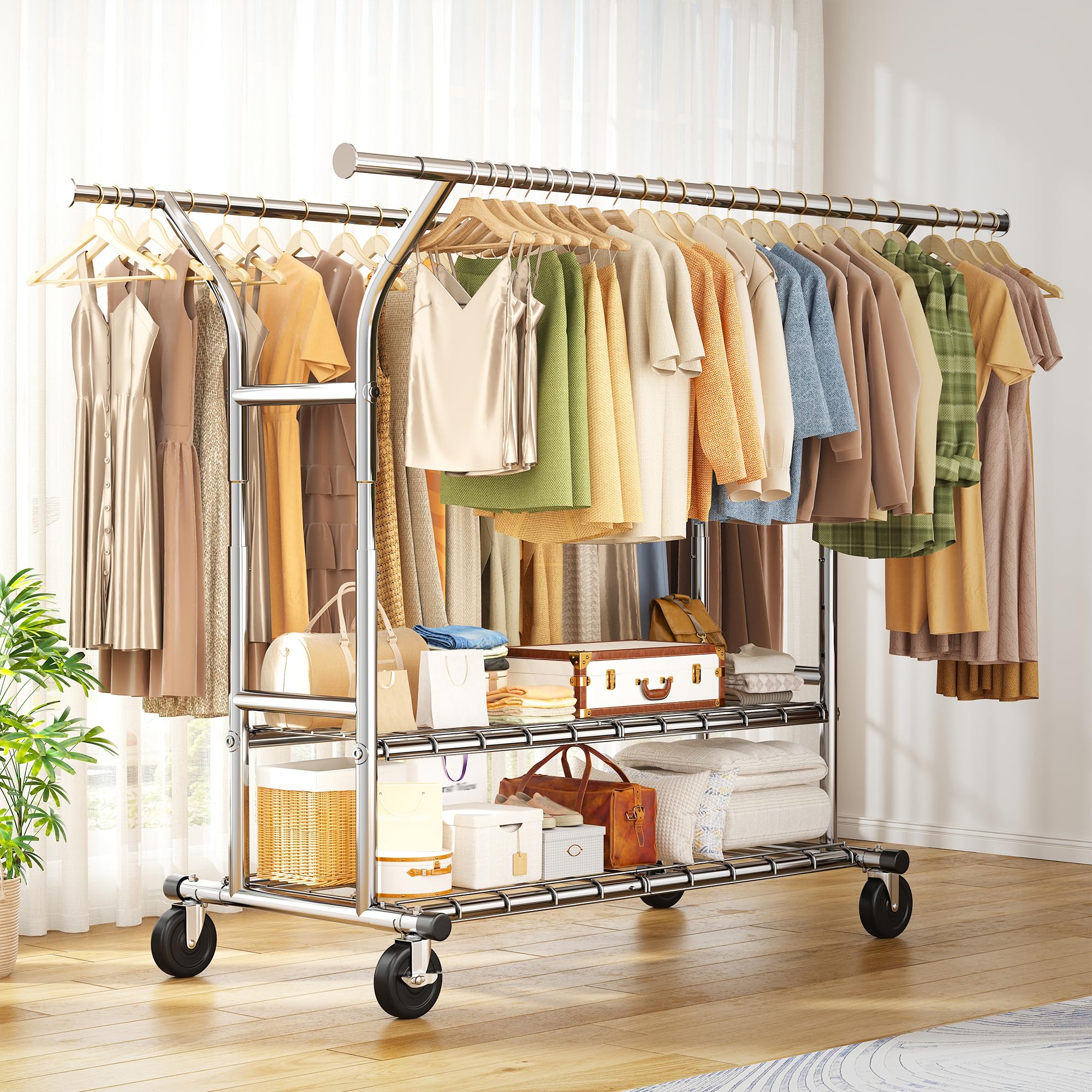 128-189cm Ausziehbare Kleiderständer auf Rollen mit 2 Lagernetzen | 200 kg Traglast, 128-189cm Ausziehbare Kleiderständer,151-175cm Höhenverstellbar Kleiderstange für Kleider,Jacken,Verchromt