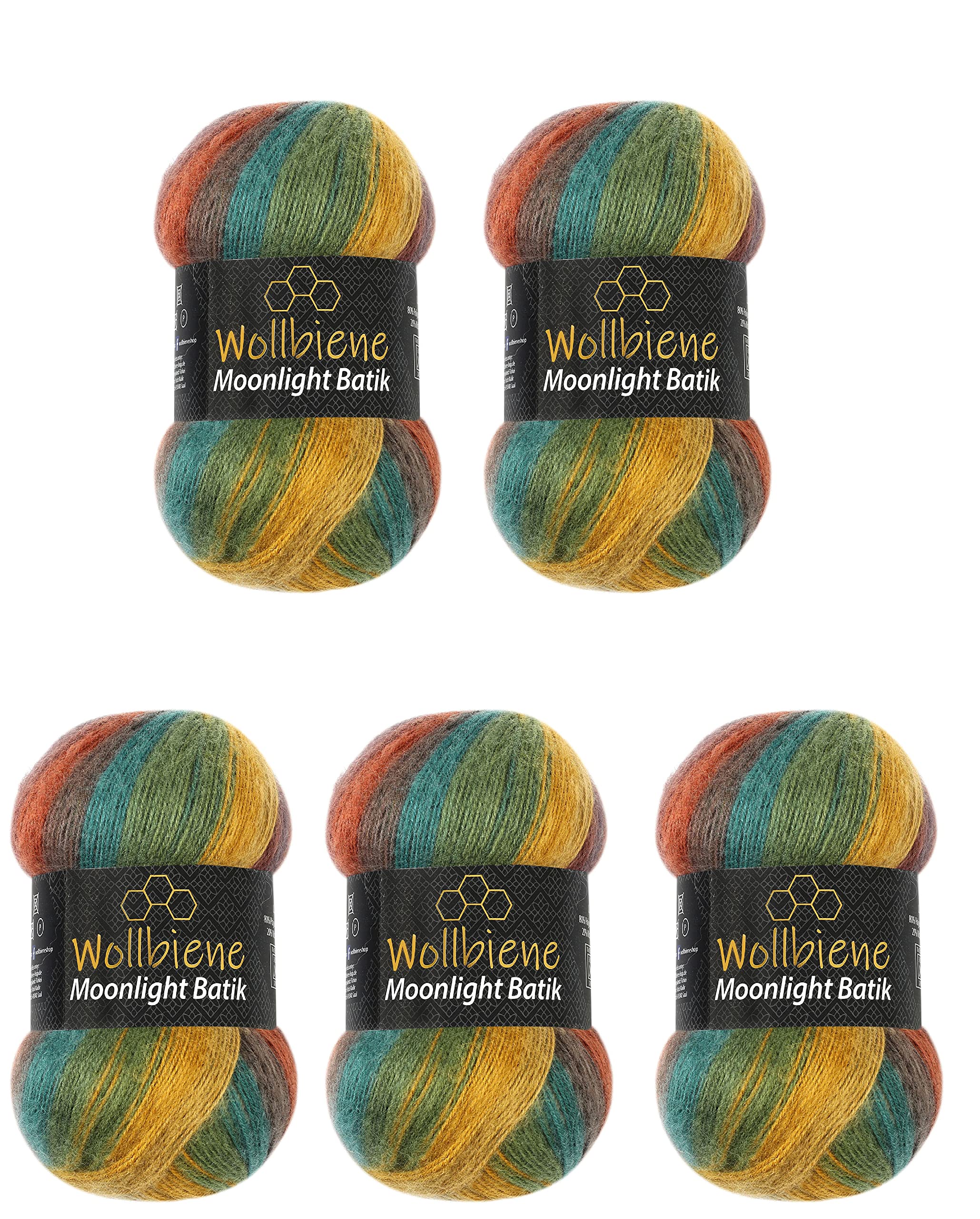WollbieneWollbiene Moonlight Batik Knitting Wool 500g - 5x100g for Knitting and Crocheting - 20% Turkish Gradient Wool (3050 Chestnut Ochre Green)