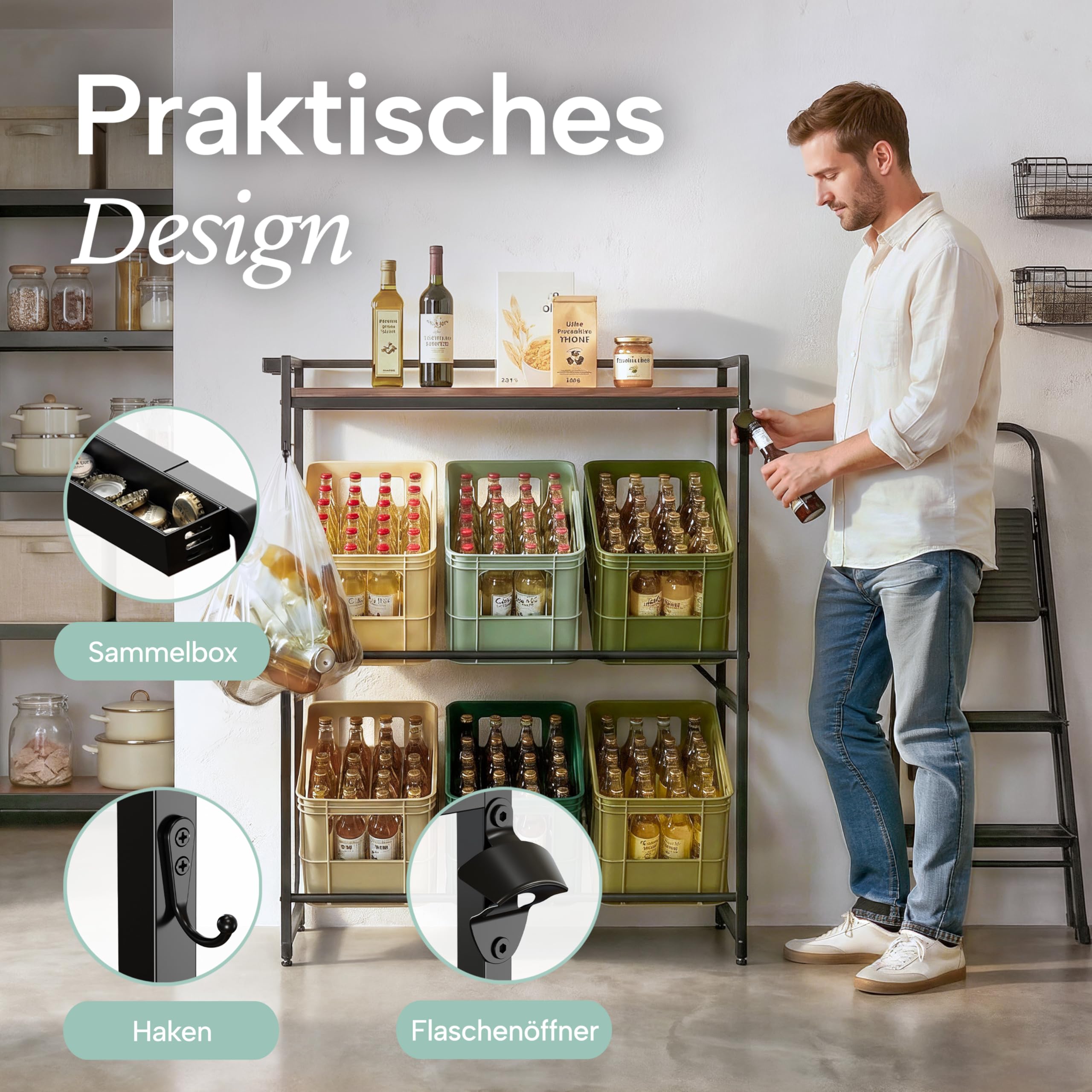 Blumtal Getränkekistenregal 6 Kisten mit Ablage Holzoptik - Kistenregal/Getränkeregal + integriertem Flaschenöffner & Haken - Getränkekistenhalter mit Belastbarkeit bis 150 kg pro Ebene in Weiß