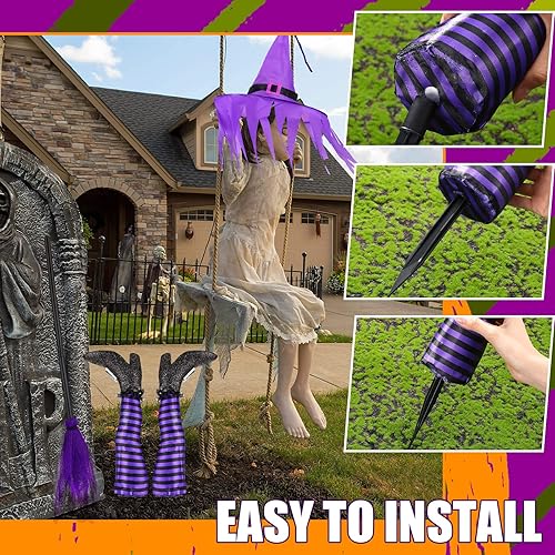 Miniatura 5 de Juego de 4 piezas de patas de bruja boca abajo para Halloween, patas de bruja moradas malvadas, decoraciones con escoba y sombrero de bruja para