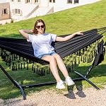 PNAEUT Hamacs de Tassel faits à la main, double hamac avec support pour l'extérieur intérieur, Max 450 Capacité, Oreiller & Sac de rangement inclus (Noir)